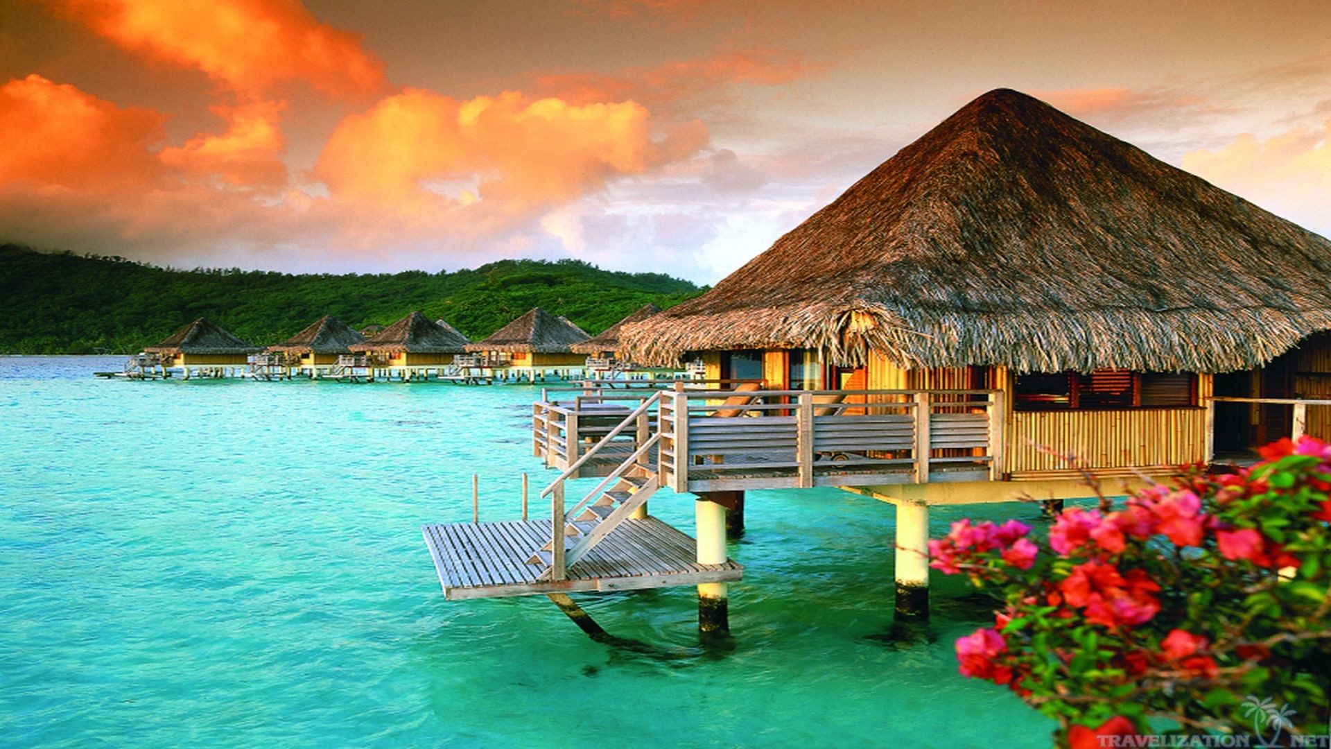 Bora Bora, Bungalow sull'acqua, Tramonto, Fiori rossi, Full HD, sfondo Windows 11