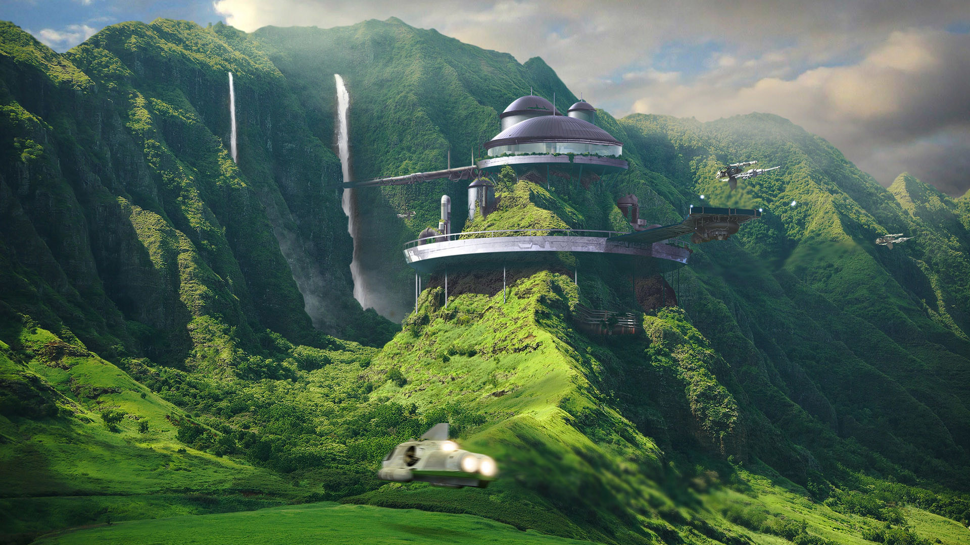 Fantascienza, Montagne verdi, Cascate, Arte digitale, Full HD, sfondo per desktop