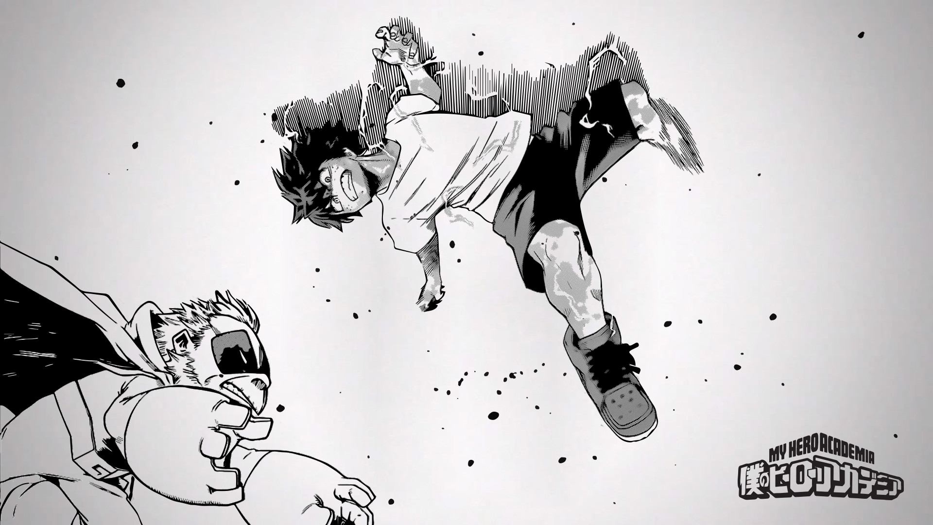 Izuku Midoriya, My Hero Academia, Manga, Bianco e nero, Salto, 1920x1080, sfondo per PC