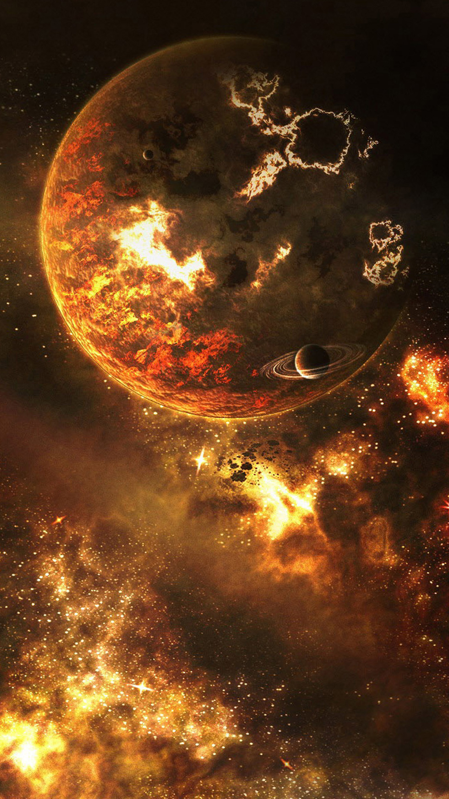 Pianeta, Spazio, Fuoco, Fantascienza, QHD+, sfondo verticale per cellulare