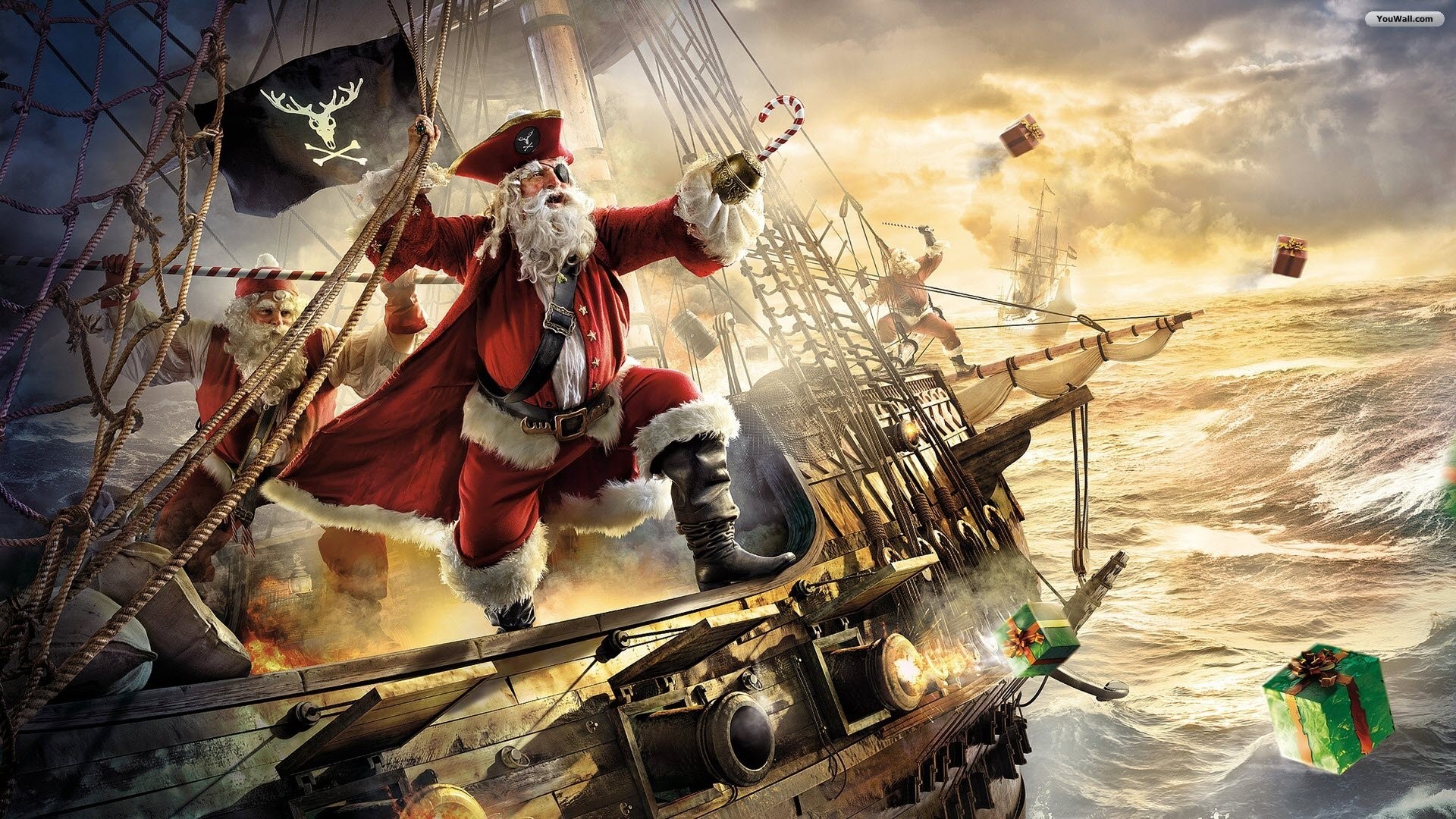 Babbo Natale, Pirata, Nave pirata, Natale, Regali, Full HD, sfondo per portatile