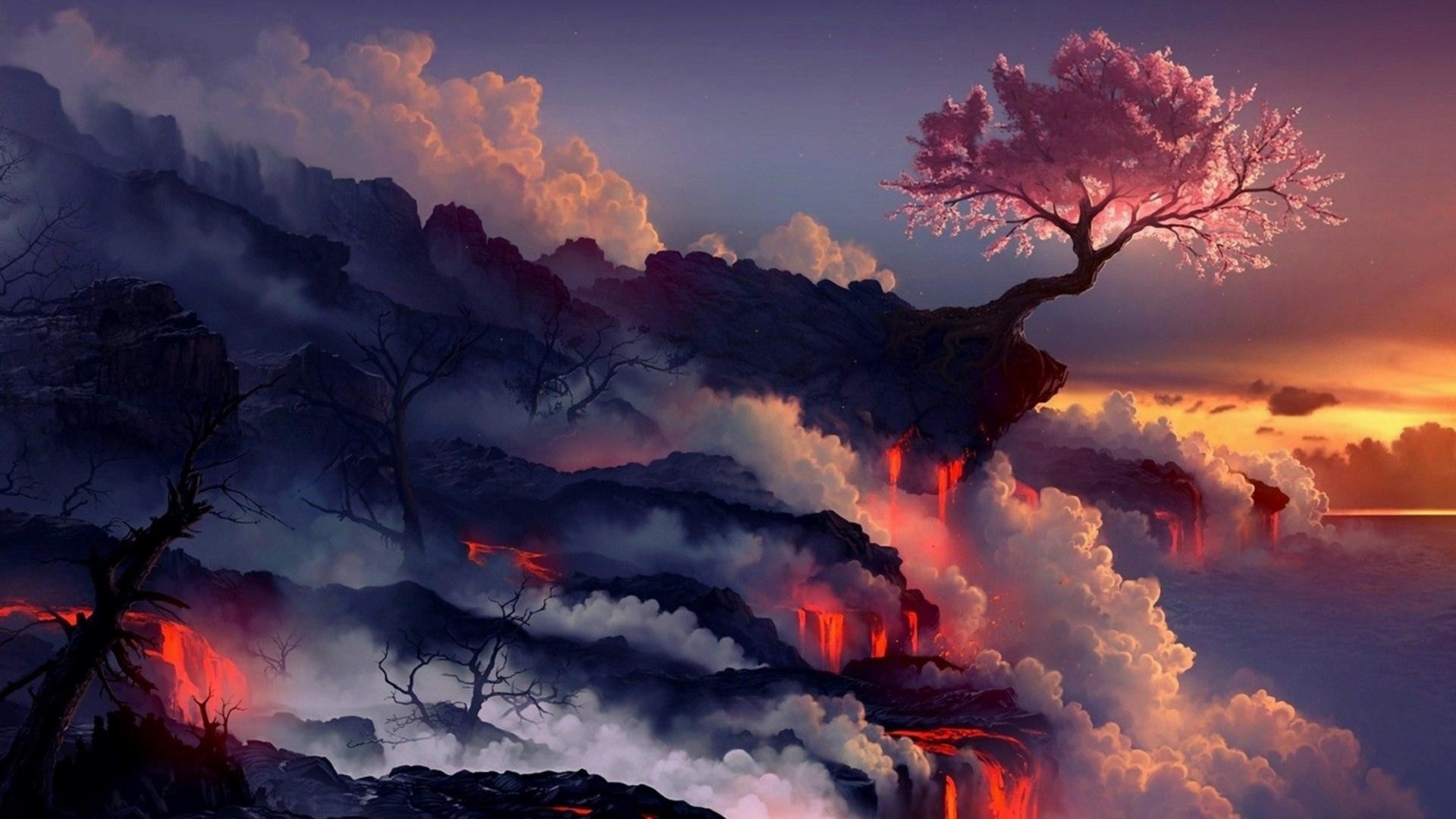 Albero rosa, Scogliera, Lava, Arte fantasy, Nuvole, Full HD 1080p, sfondo desktop
