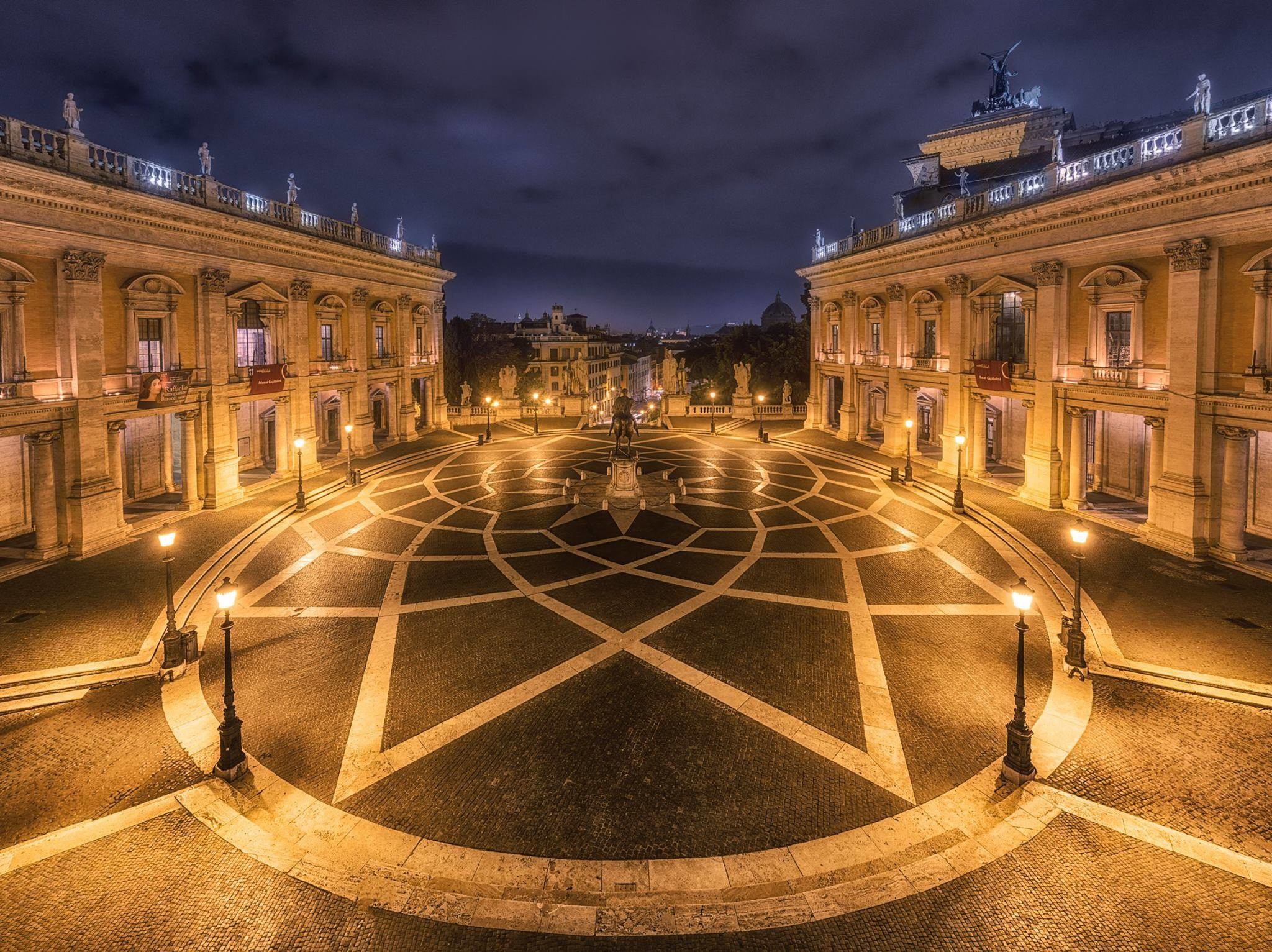 Piazza del Campidoglio, Michelangelo, Musei Capitolini, Roma, Notte, sfondo Full HD per tablet