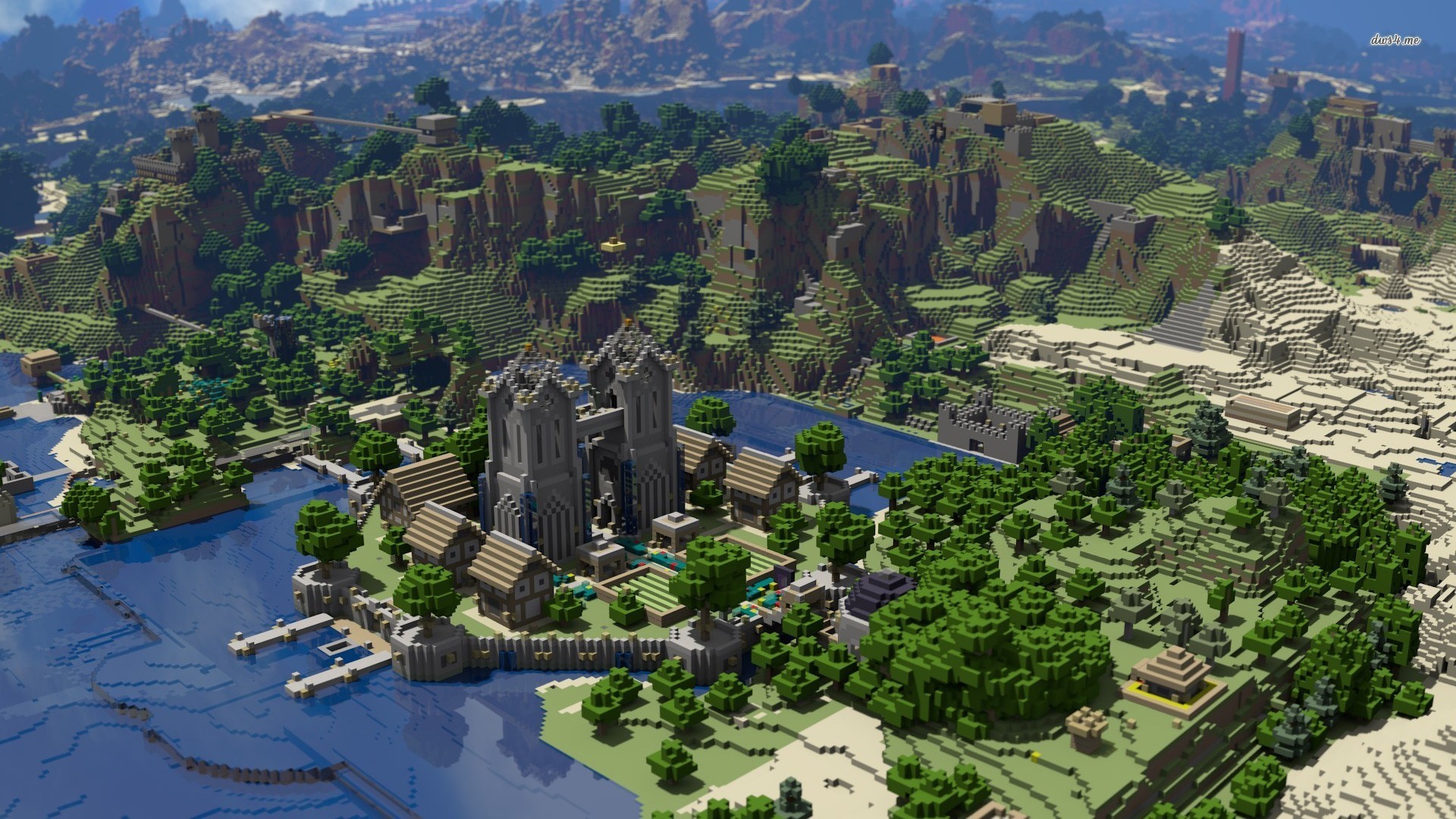 Minecraft, Villaggio, Castello, Vista aerea, 1920x1080, immagine di sfondo