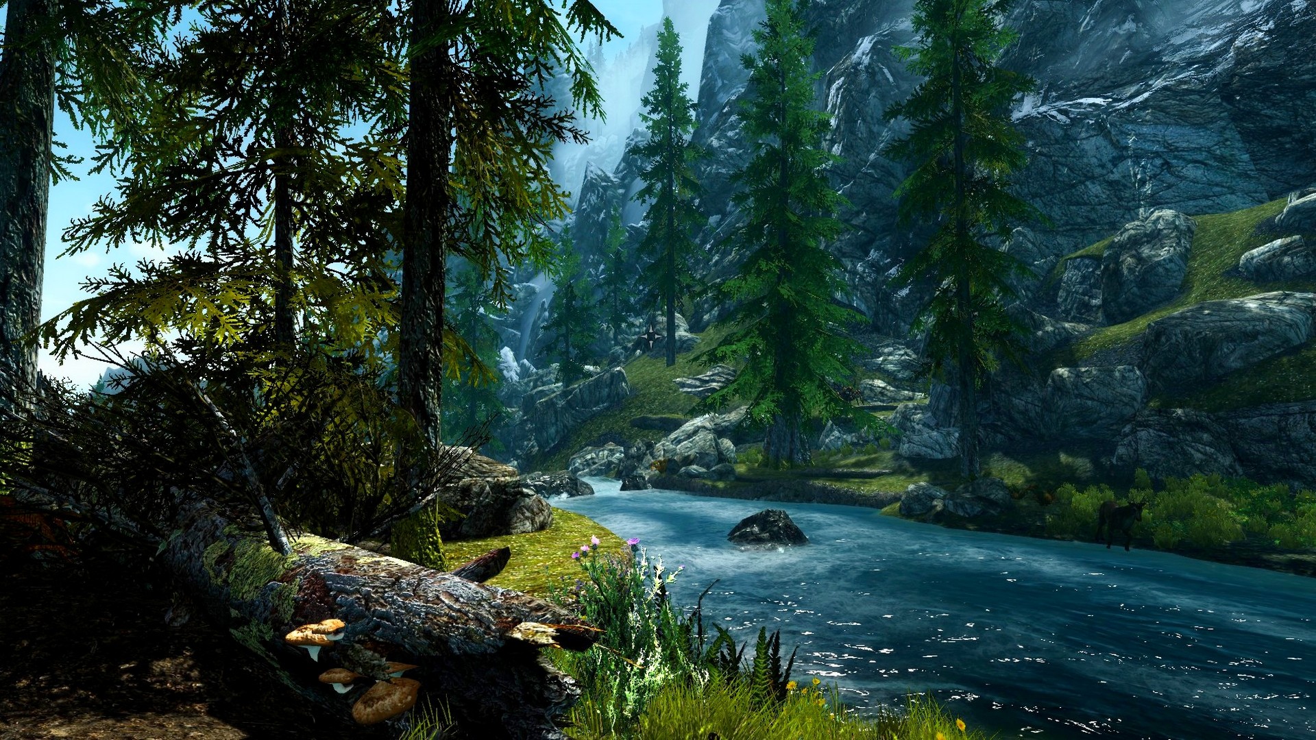 The Elder Scrolls V: Skyrim, Foresta, Fiume, Pini, Videogioco, Full HD, sfondo Windows 11