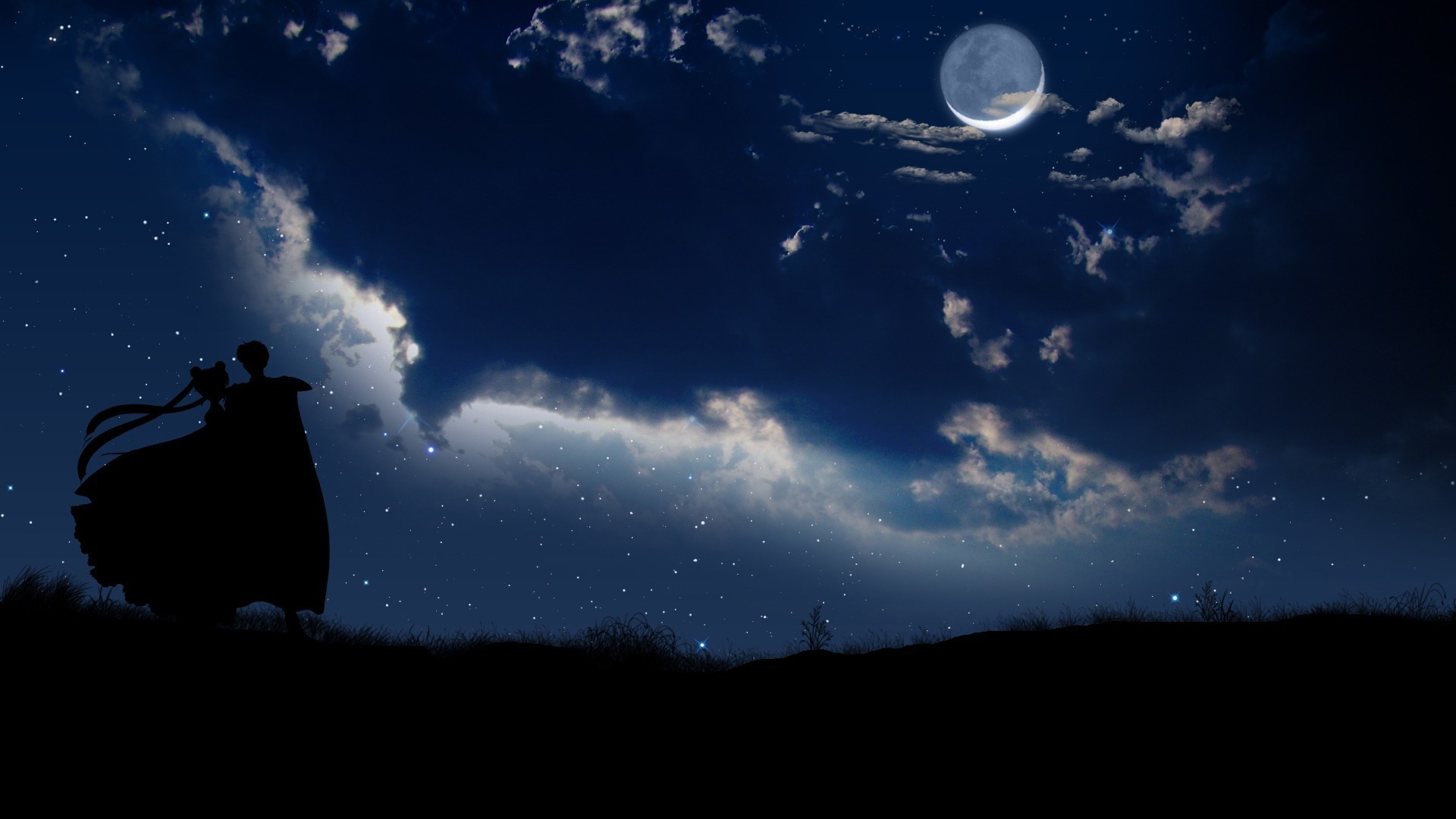 Silhouette, Luna, Nuvole, Cielo notturno, Fantasy, 16:9 Full HD, wallpaper widescreen
