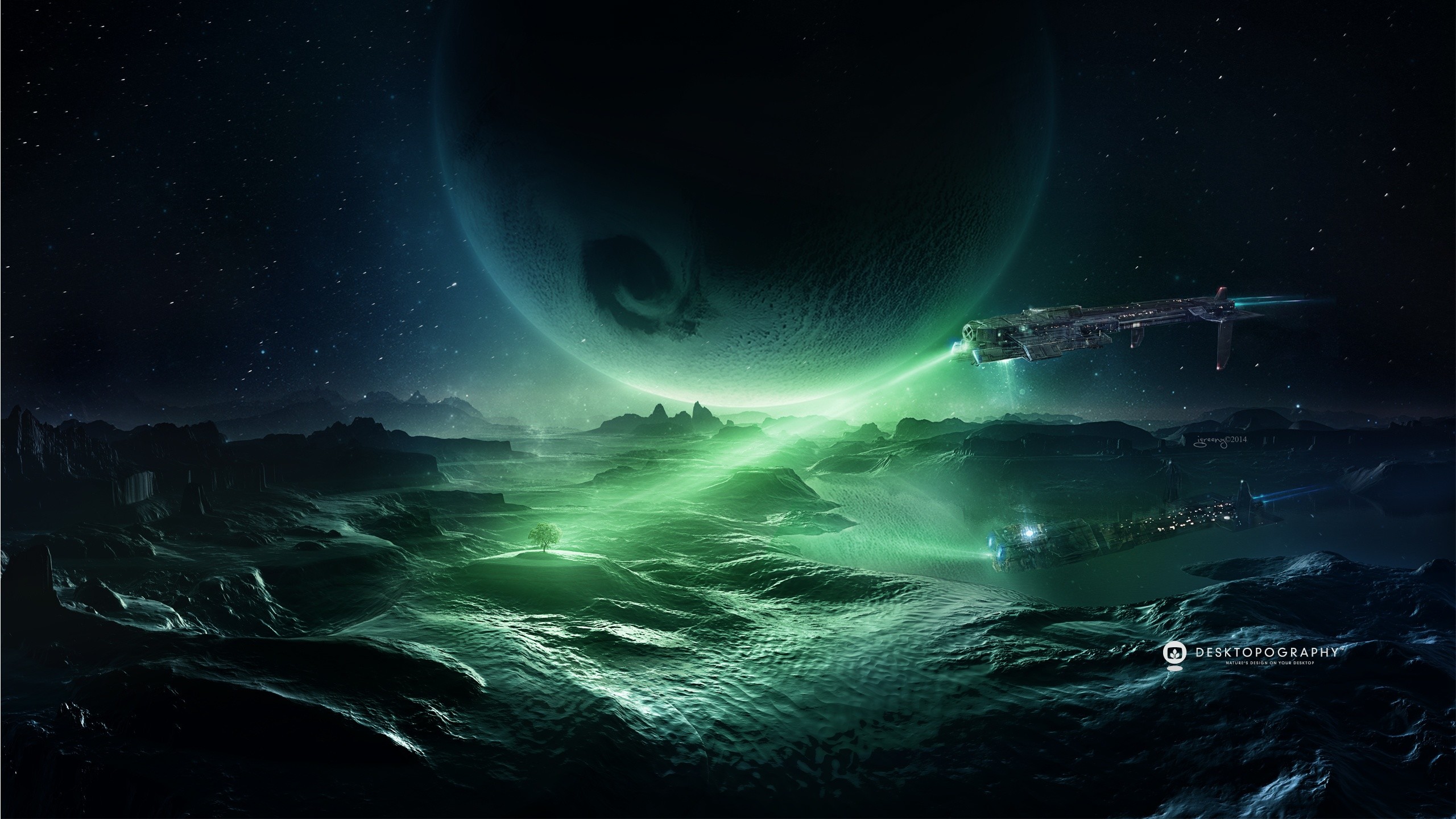Pianeta, Fantascienza, Astronave, Verde, 2K, sfondo per desktop
