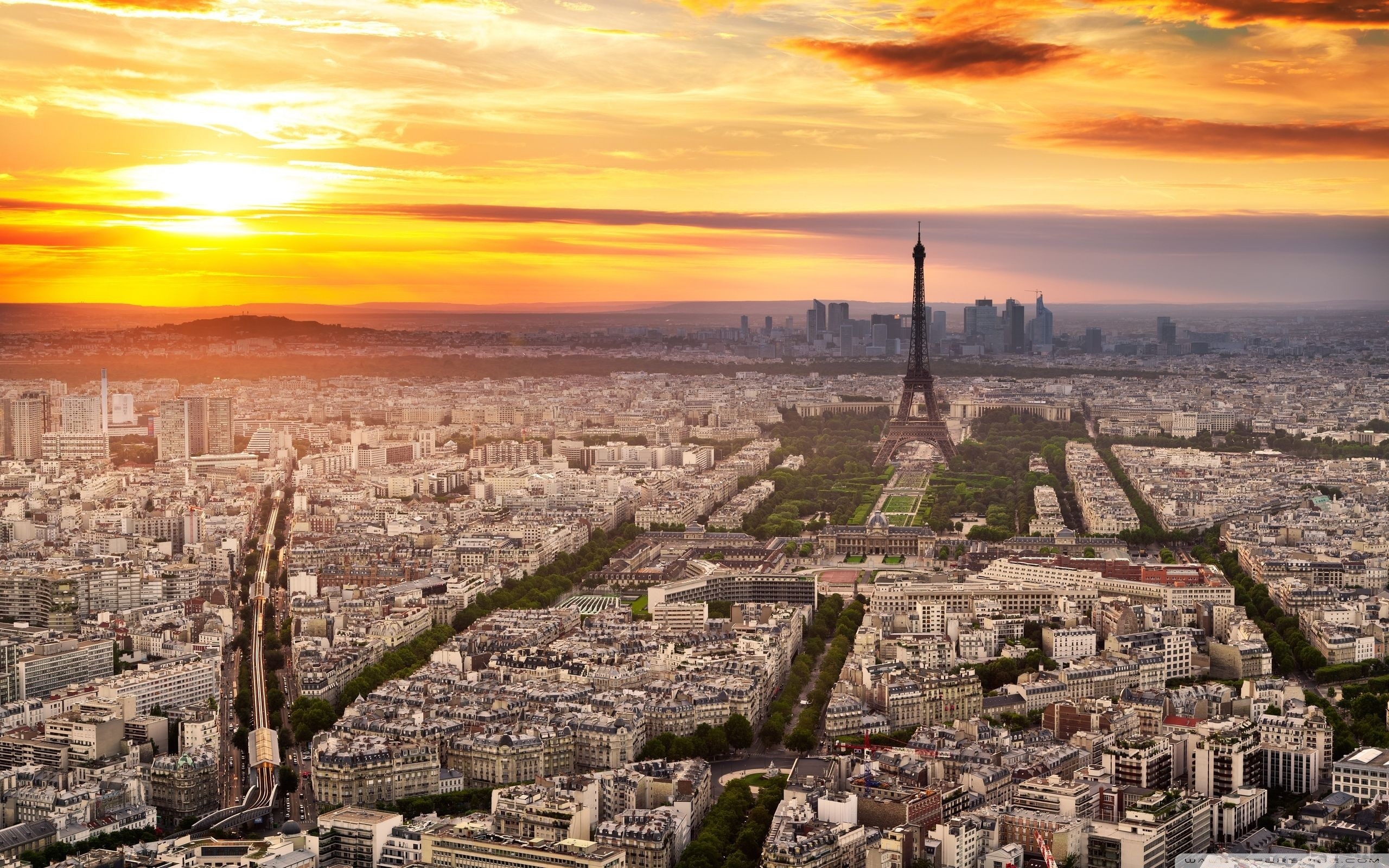 Torre Eiffel, Parigi, Campo di Marte, Tramonto, Vista aerea, 2560x1600, immagine di sfondo