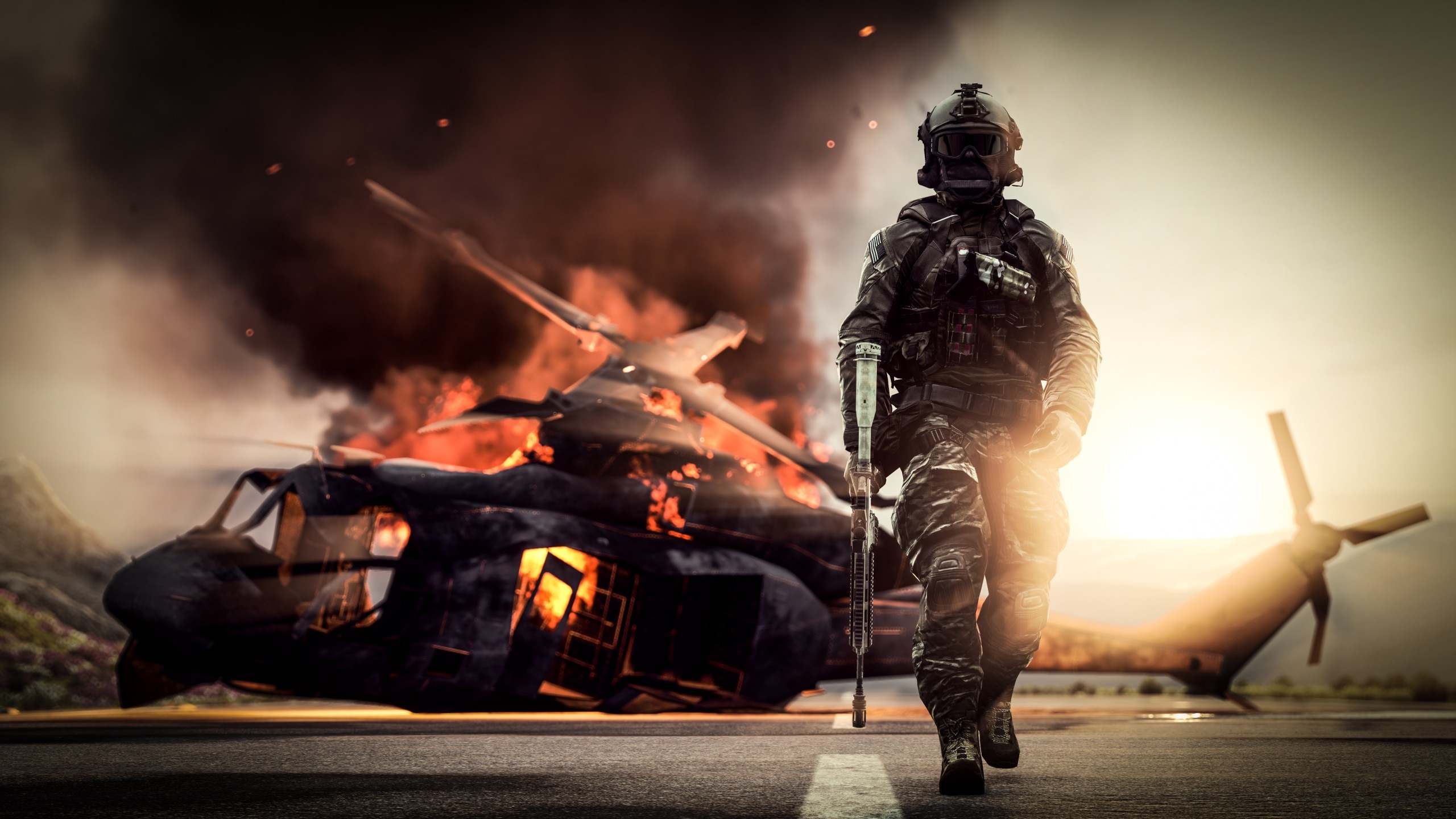 Battlefield 4, Soldato, Elicottero abbattuto, Fuoco, Controluce, sfondo 2K per PC