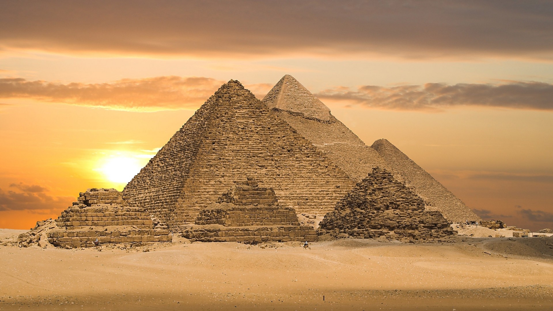 Piramidi di Giza, Egitto, Tramonto, Deserto, Full HD, sfondo Windows 11