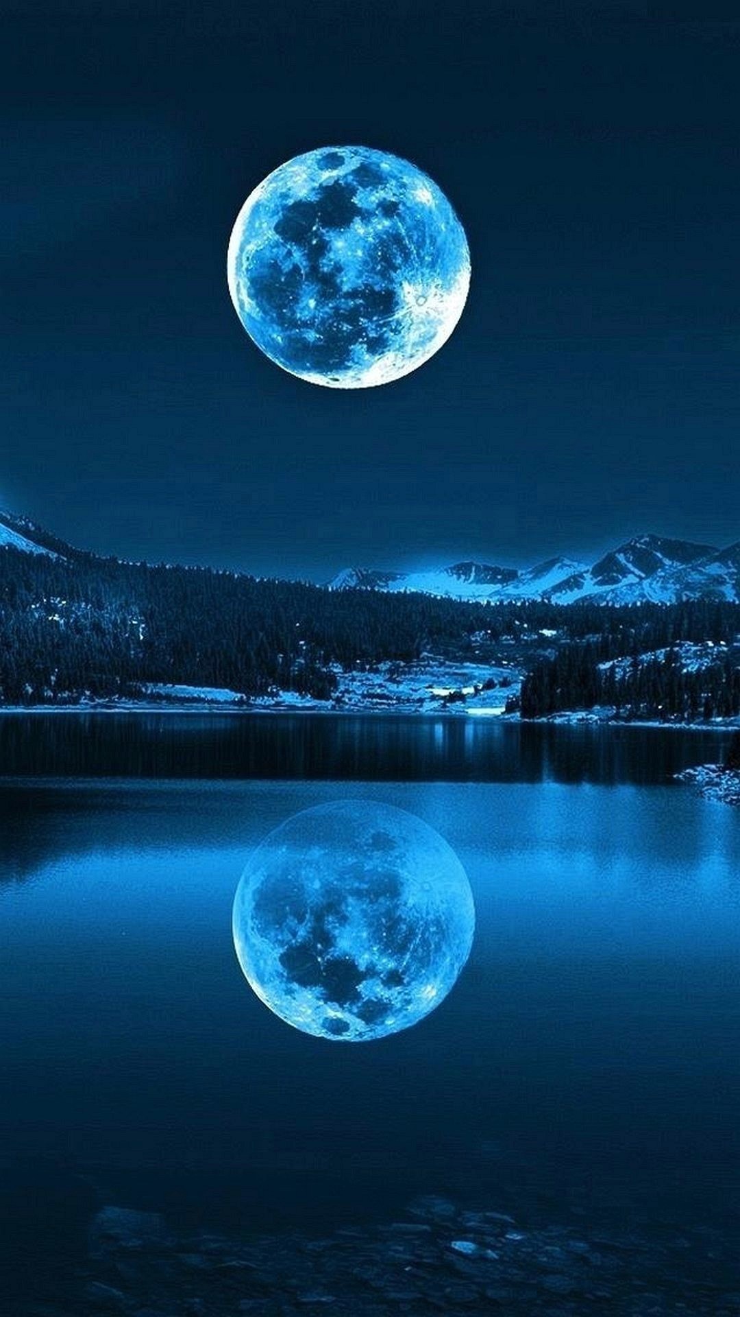 Luna piena, Lago, Riflesso, Notte, Blu, Full HD, sfondo verticale per cellulare