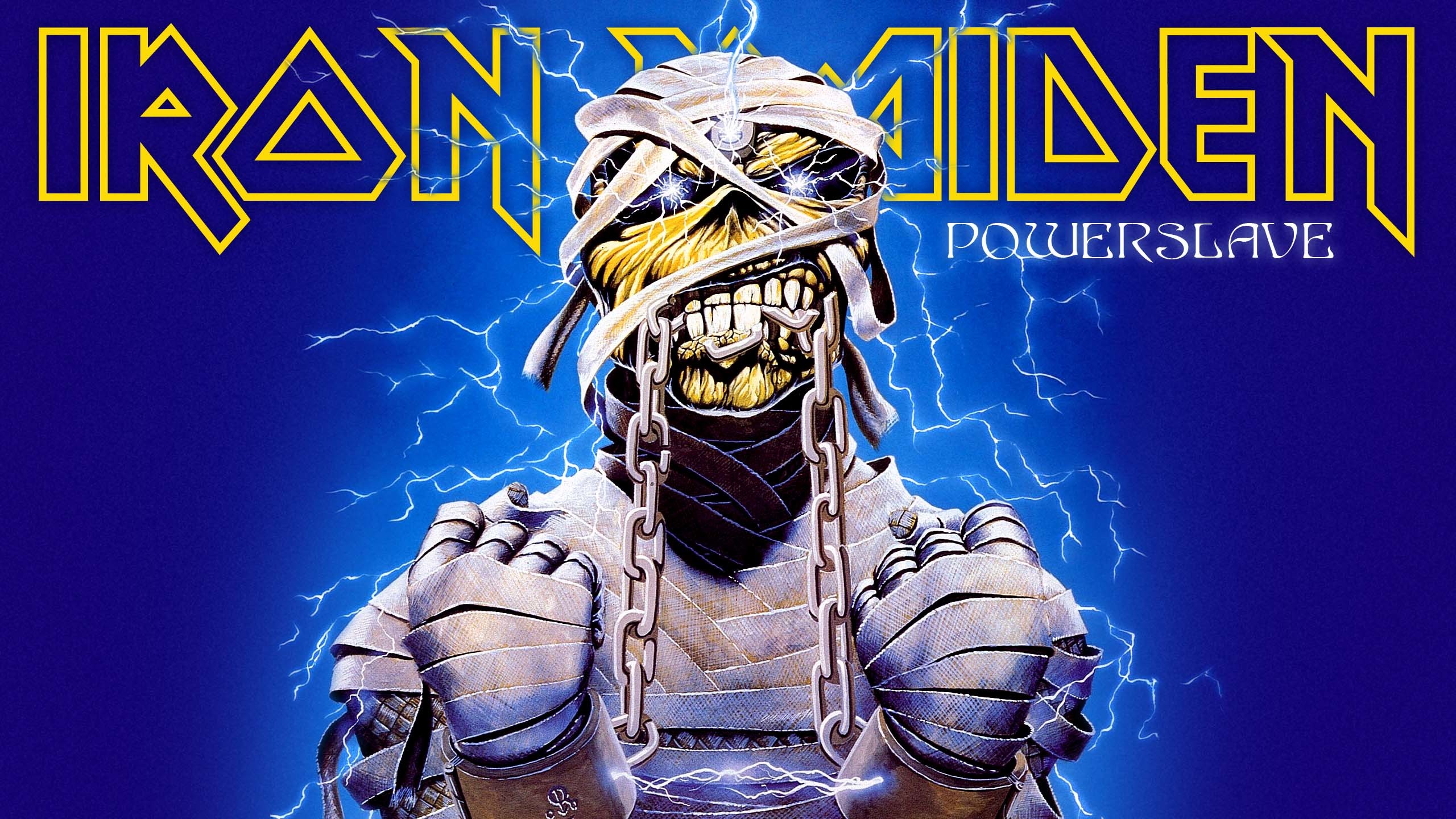 Eddie, Powerslave, Iron Maiden, Mummia, Fulmini, Sfondo blu, 2K, wallpaper per computer