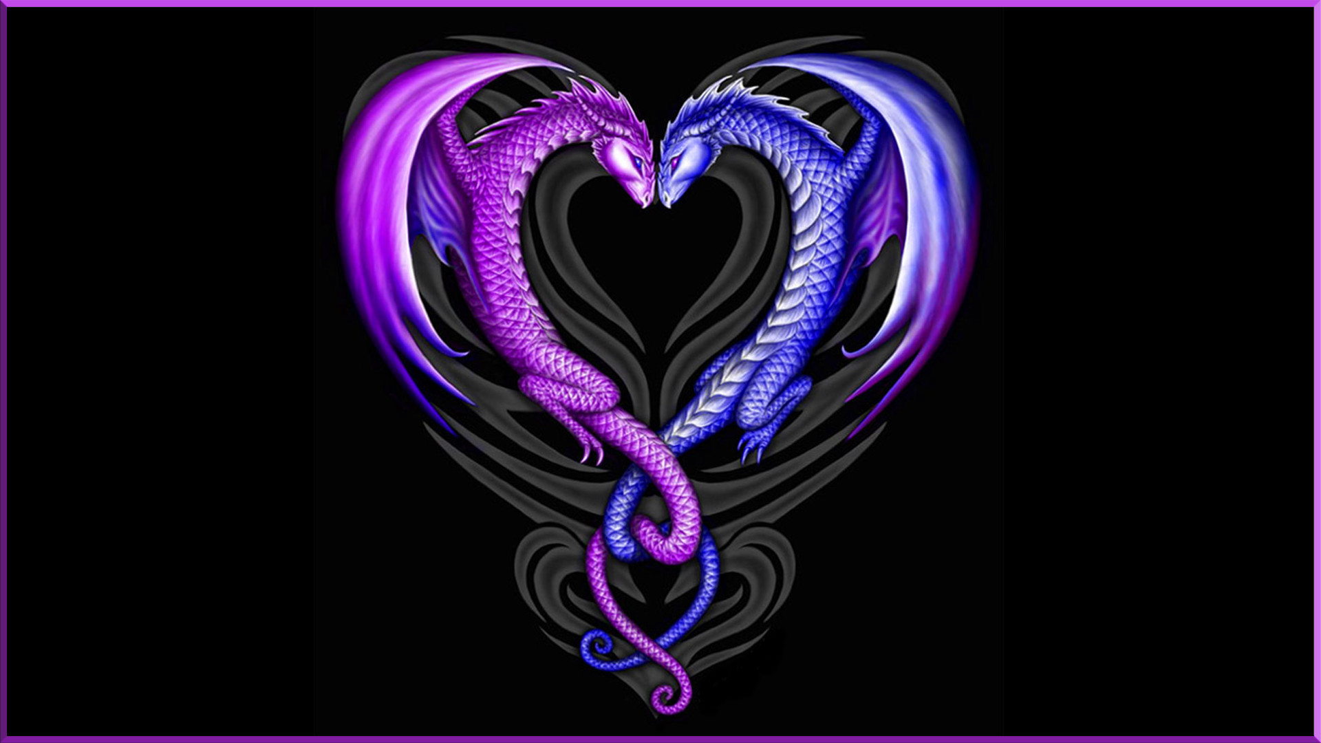 Draghi, Cuore, Viola, Sfondo nero, 16:9 Full HD, wallpaper widescreen