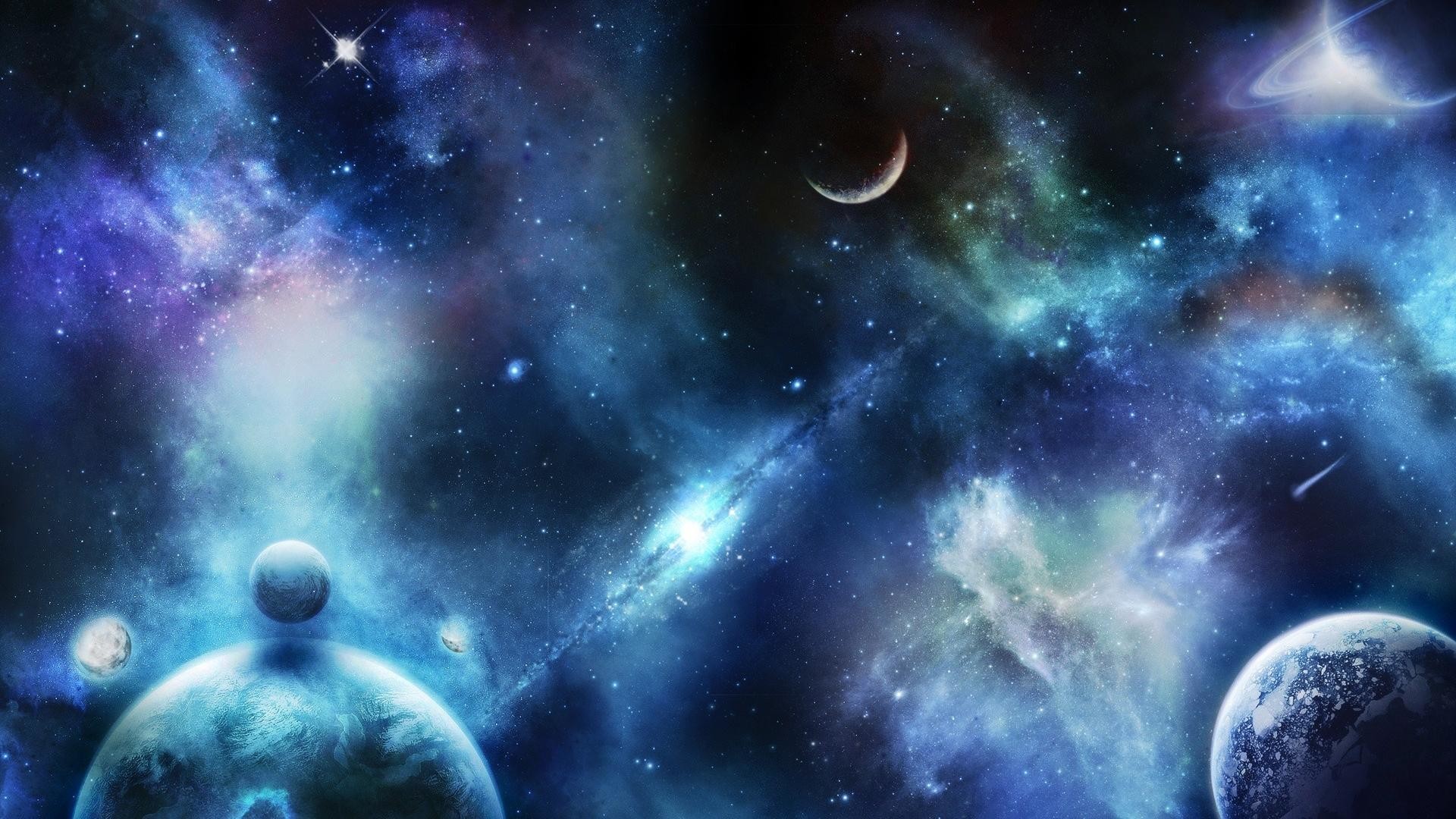 Pianeti, Nebulosa, Blu, Arte digitale, Full HD, wallpaper per portatile