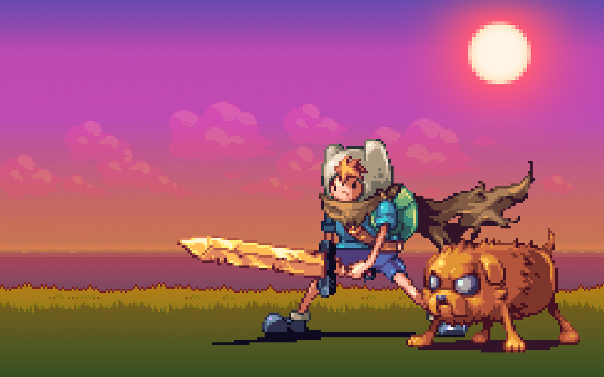 Pixel art, Adventure Time, Finn, Jake, Tramonto, 16:10 Full HD, sfondo widescreen
