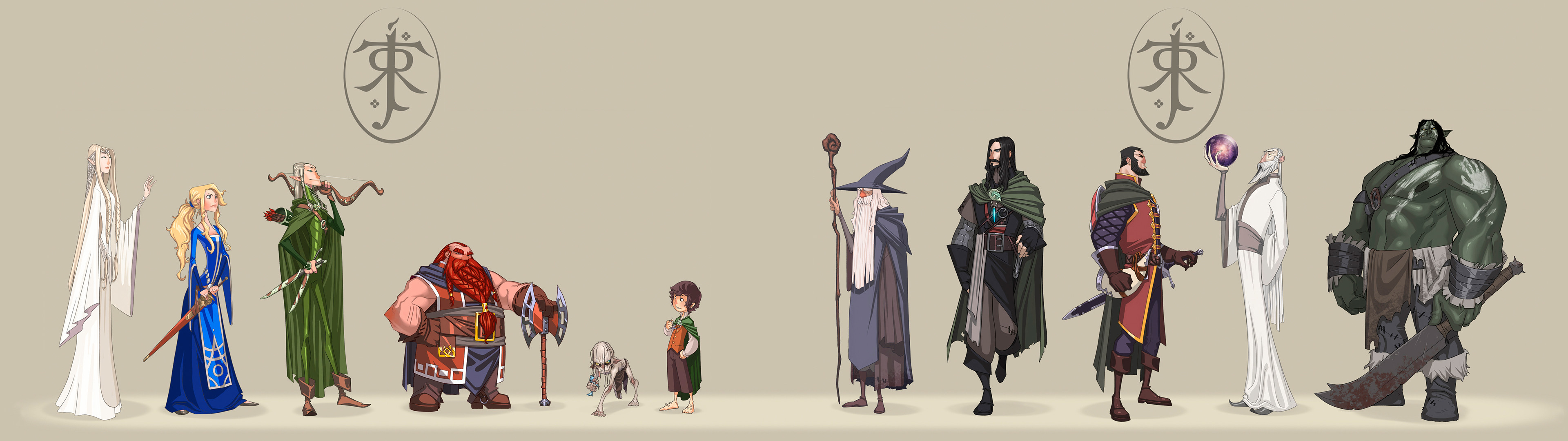 Il Signore degli Anelli, Personaggi, Gandalf, Galadriel, Illustrazione, sfondo ultrawide 32:9