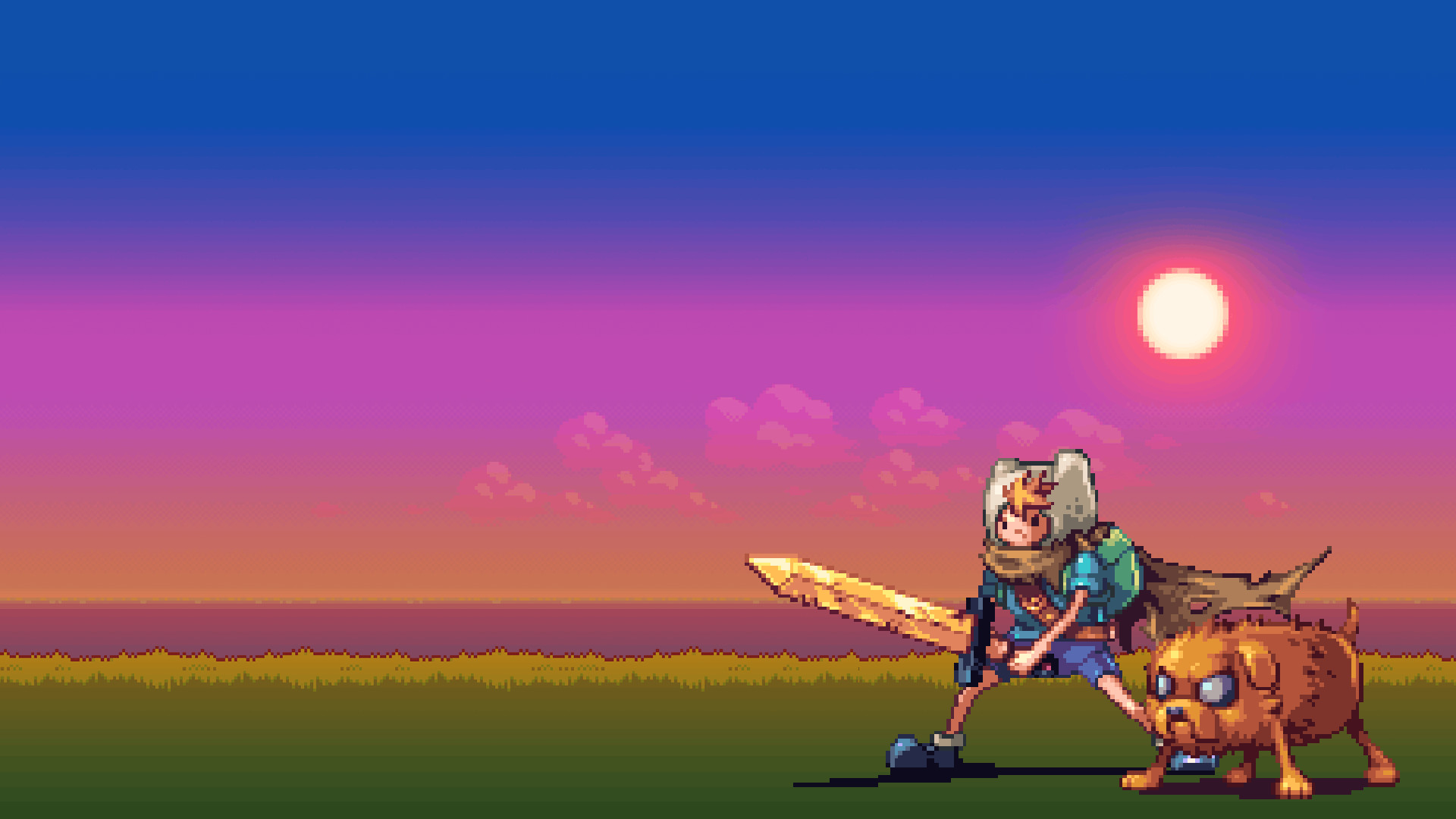 Finn, Jake il cane, Adventure Time, Pixel art, Tramonto, Full HD, sfondo per portatile