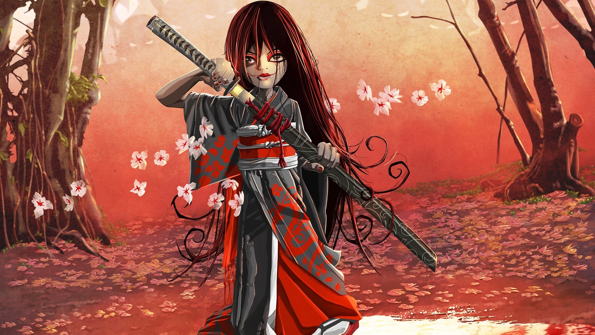 Ragazza samurai, Kimono, Katana, Autunno, 1920x1080, sfondo per PC