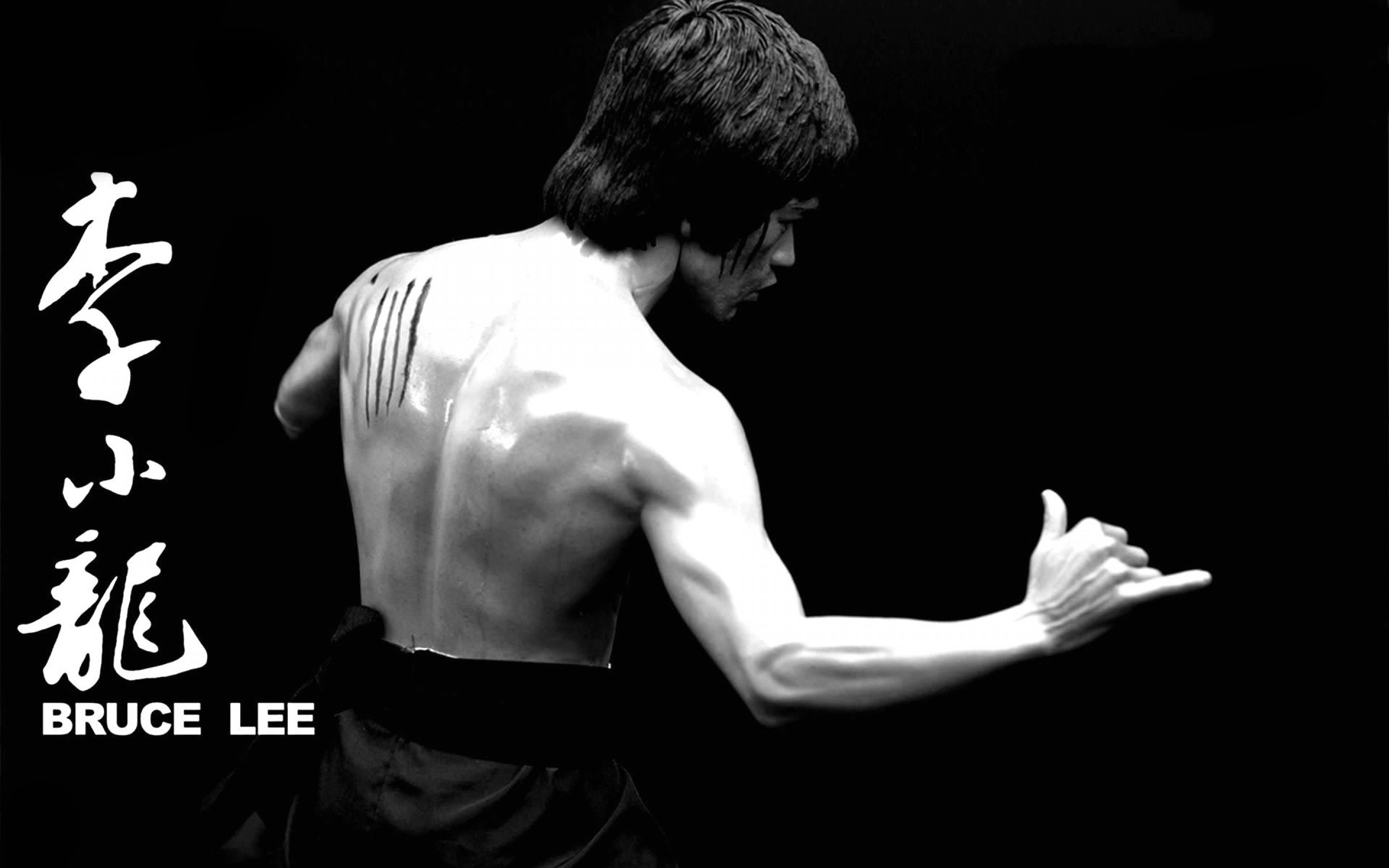 Bruce Lee, Schiena, Graffi, Ideogrammi cinesi, Sfondo nero, 16:10 2K, wallpaper widescreen