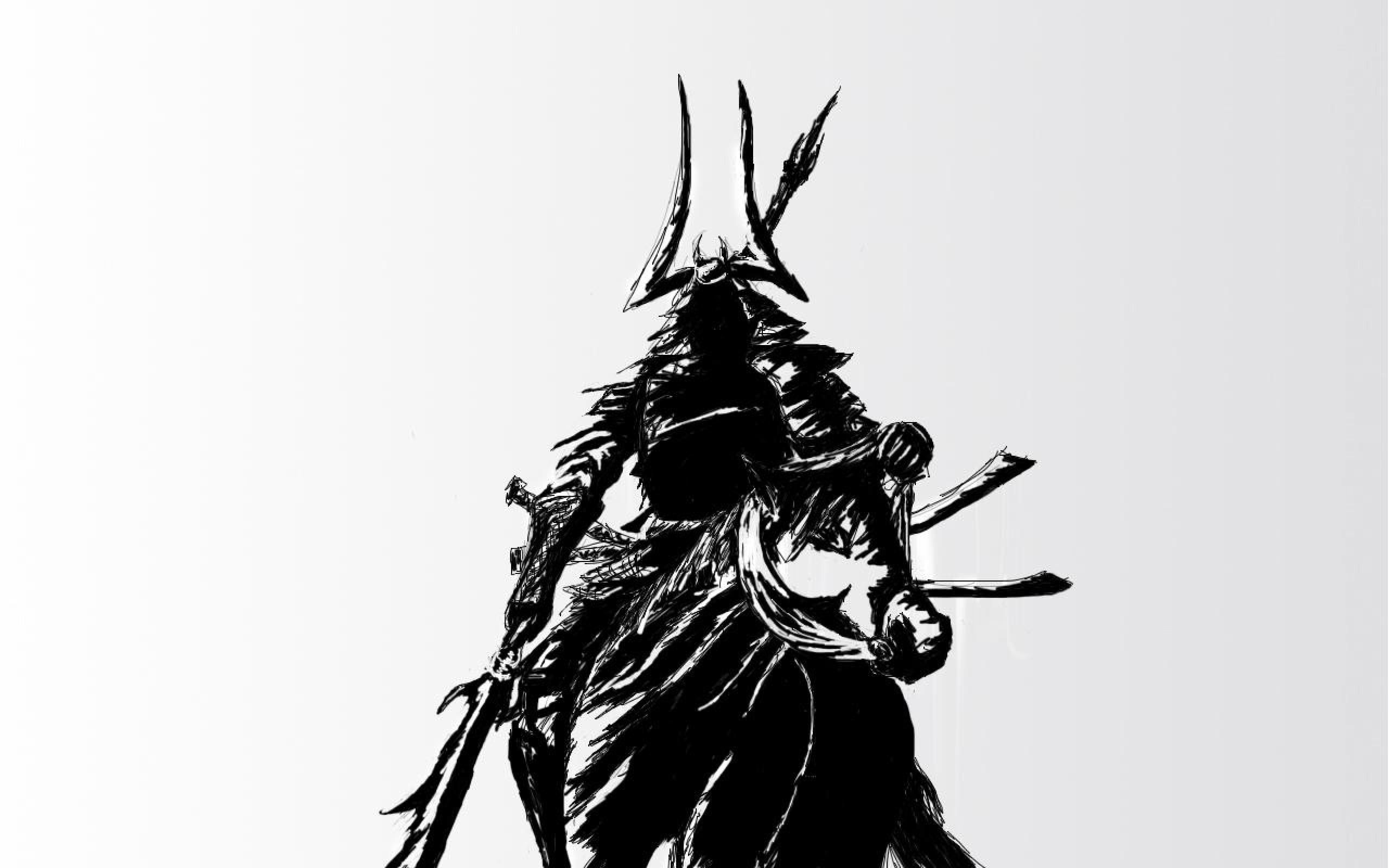 Samurai, Inchiostro, Bianco e nero, Kabuto, 2K, sfondo per PC e portatile