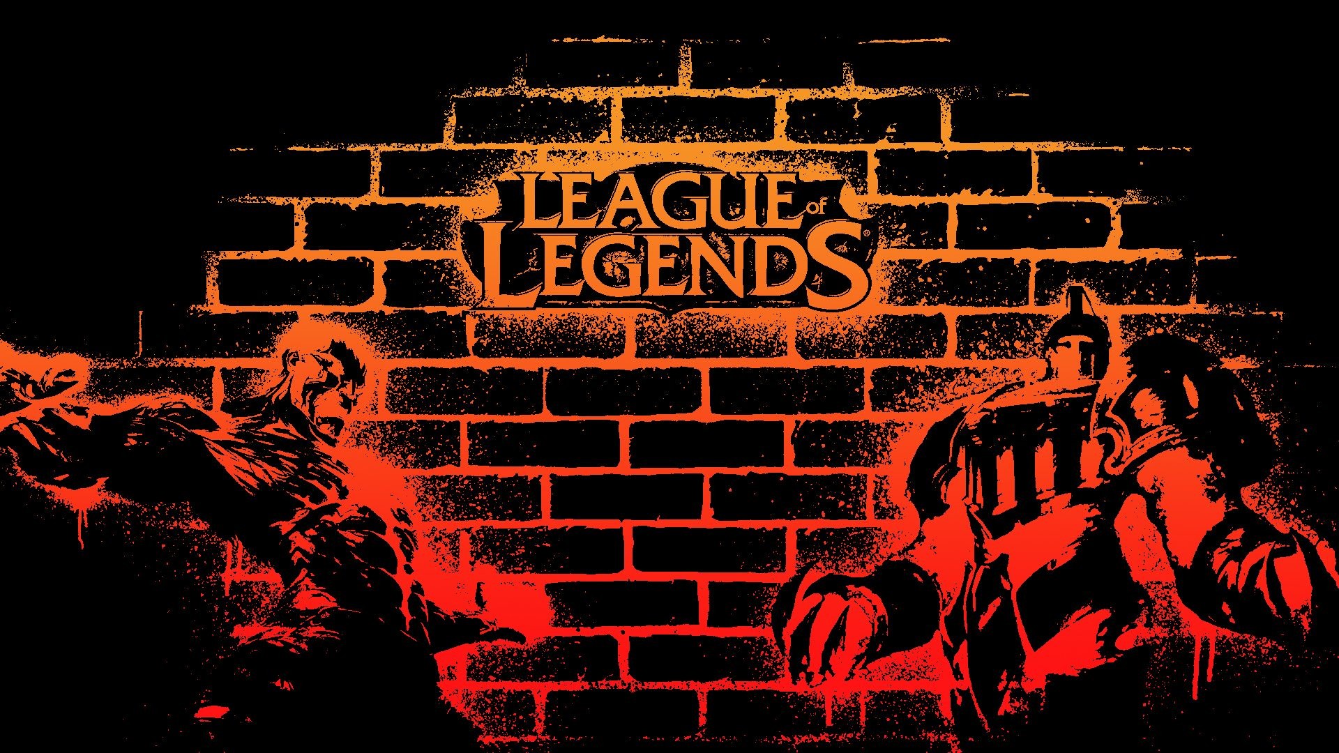 League of Legends, Logo, Muro di mattoni, Graffiti, Rosso, 16:9 Full HD, wallpaper widescreen