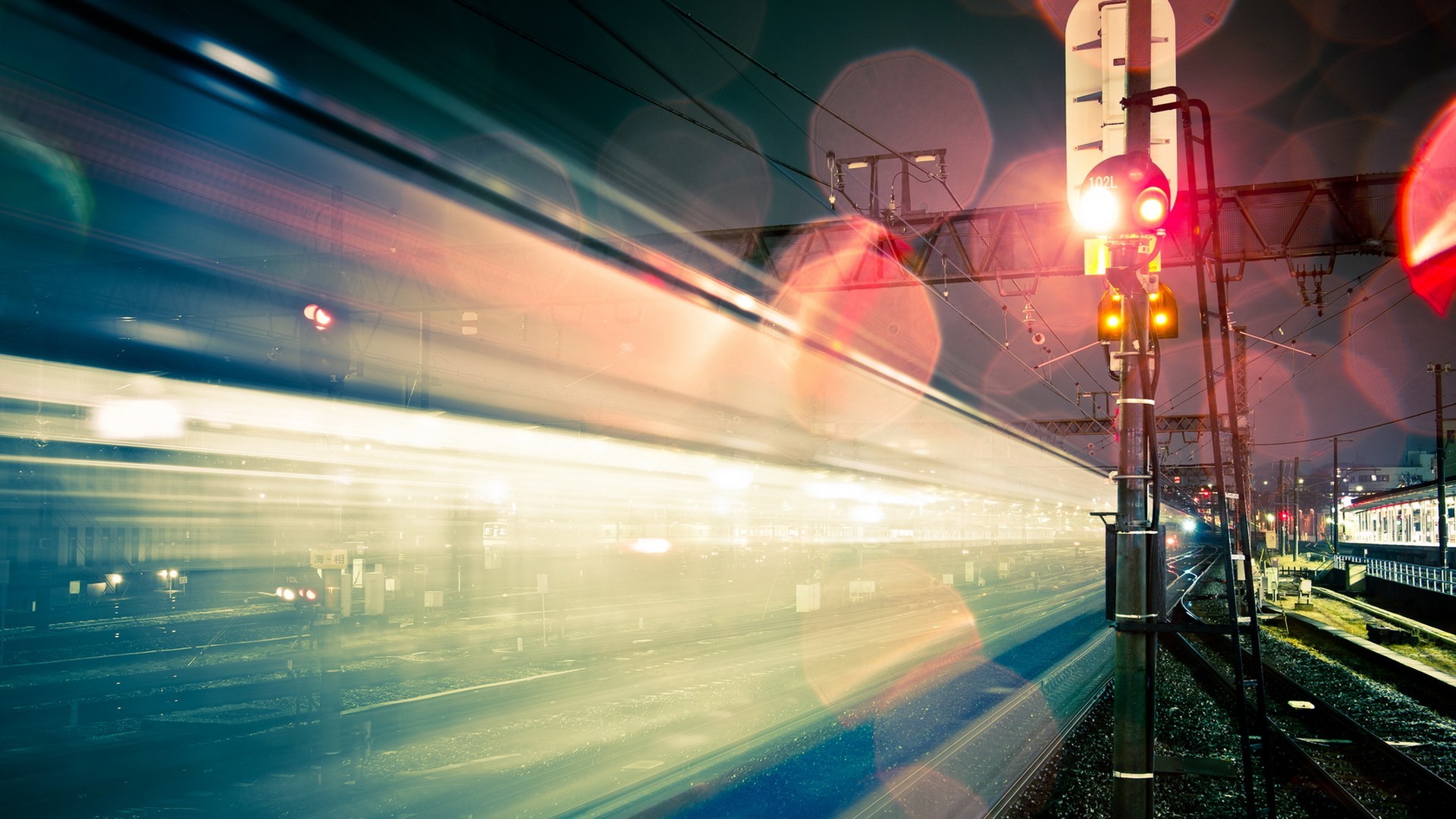 Scie luminose, Treno, Ferrovia, Semaforo, Esposizione lunga, Full HD, sfondo Windows 11