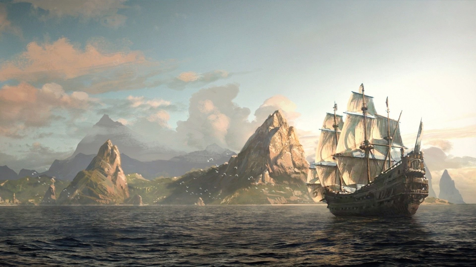 Pirati, Galeone, Montagne, Mare, Full HD, sfondo Windows 11