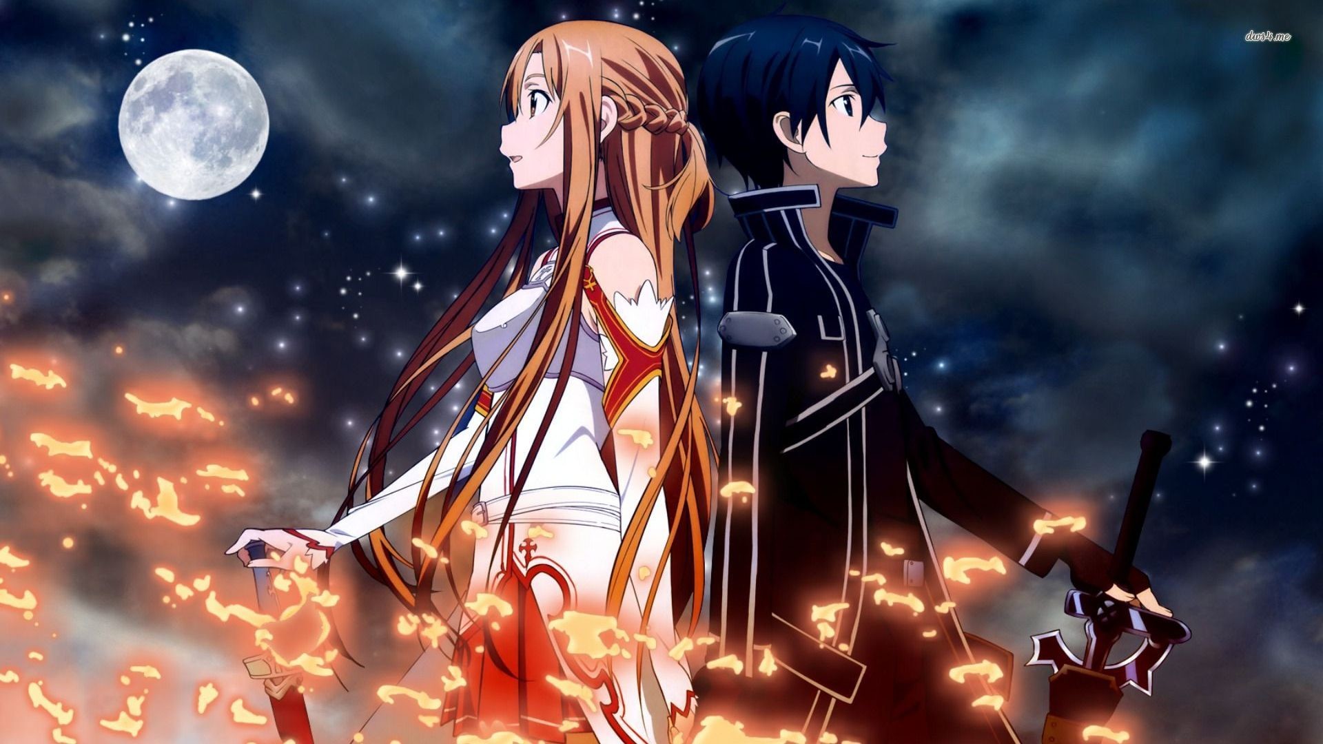 Asuna, Kirito, Sword Art Online, Luna piena, Notte, Farfalle di fuoco, sfondo widescreen Full HD