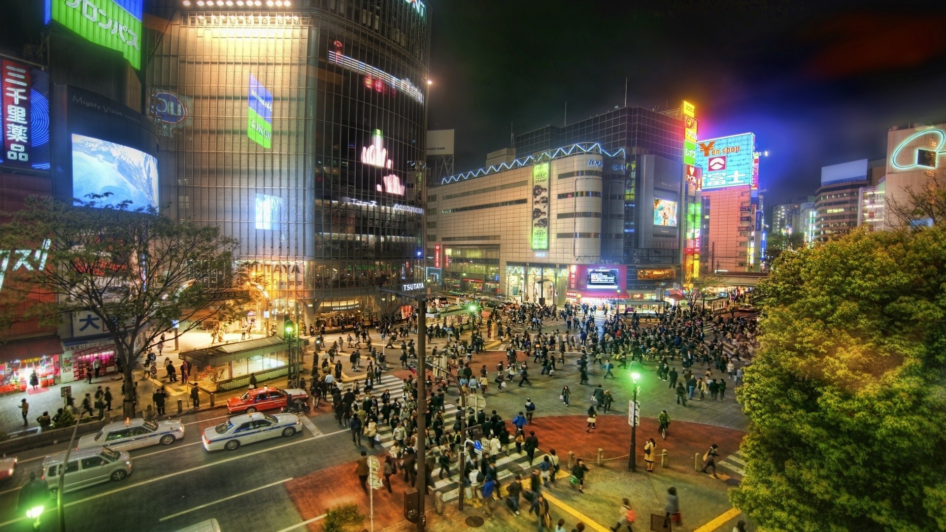 Shibuya, Tokyo, Folla, Notte, 16:9 Full HD, sfondo widescreen