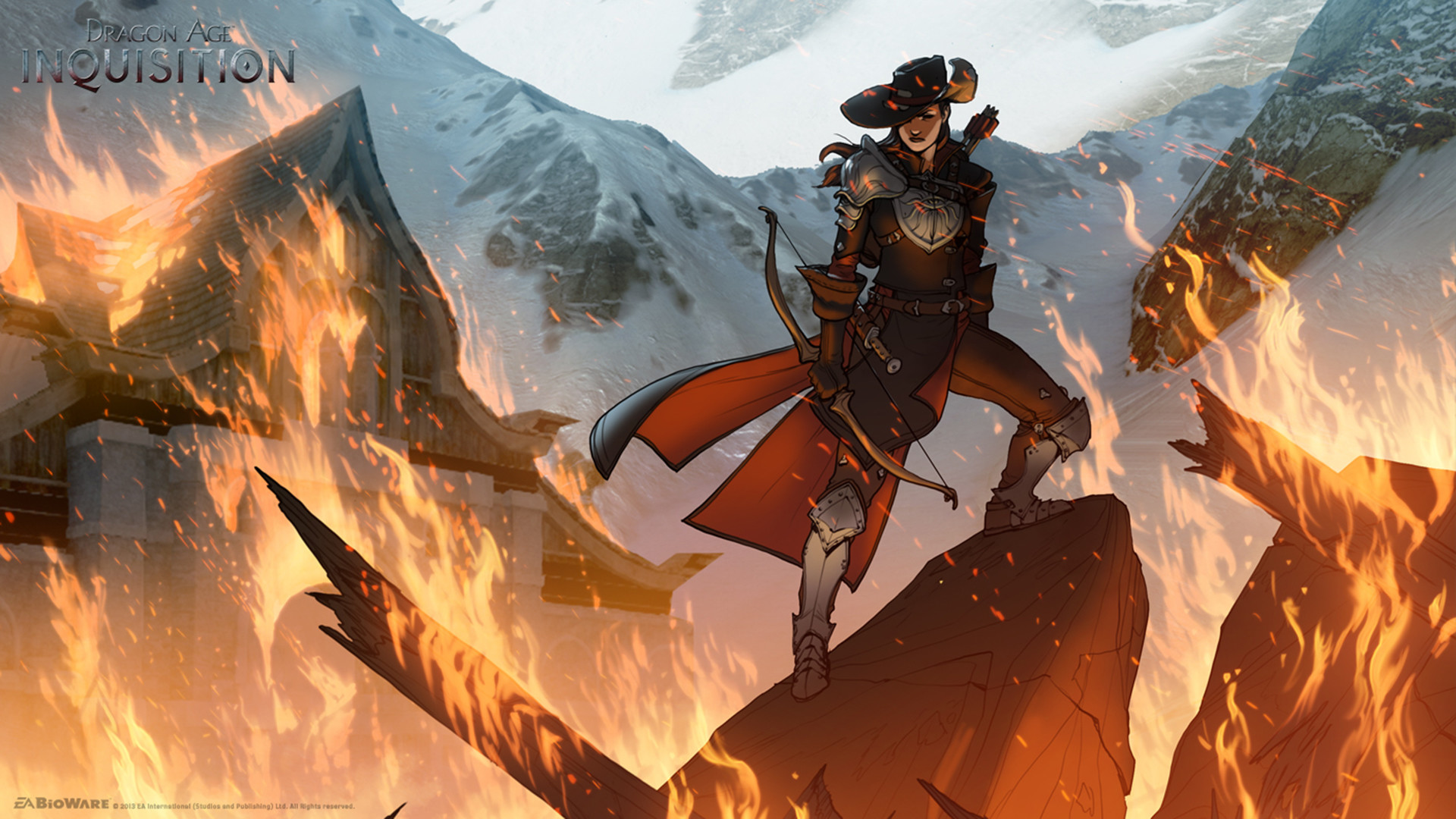 Inquisitore, Dragon Age: Inquisition, Arciere, Fiamme, Illustrazione, sfondo per portatile