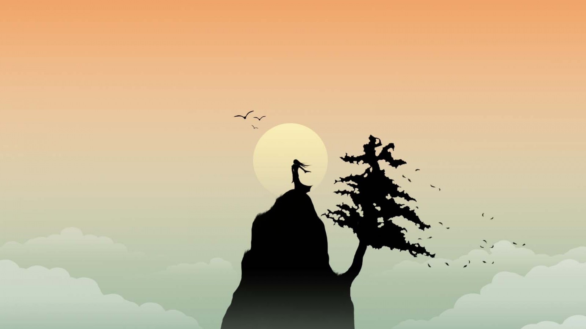 Uccelli in volo, Scogliera, Albero, Silhouette, Luna, Tramonto, Full HD, sfondo per PC e portatile