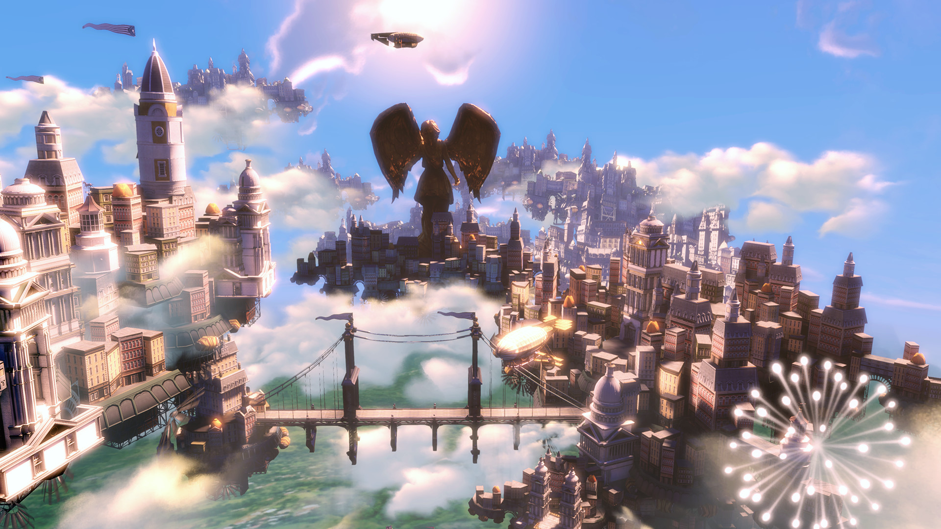Columbia, BioShock Infinite, Città volante, Statua alata, Fuochi d'artificio, immagine di sfondo