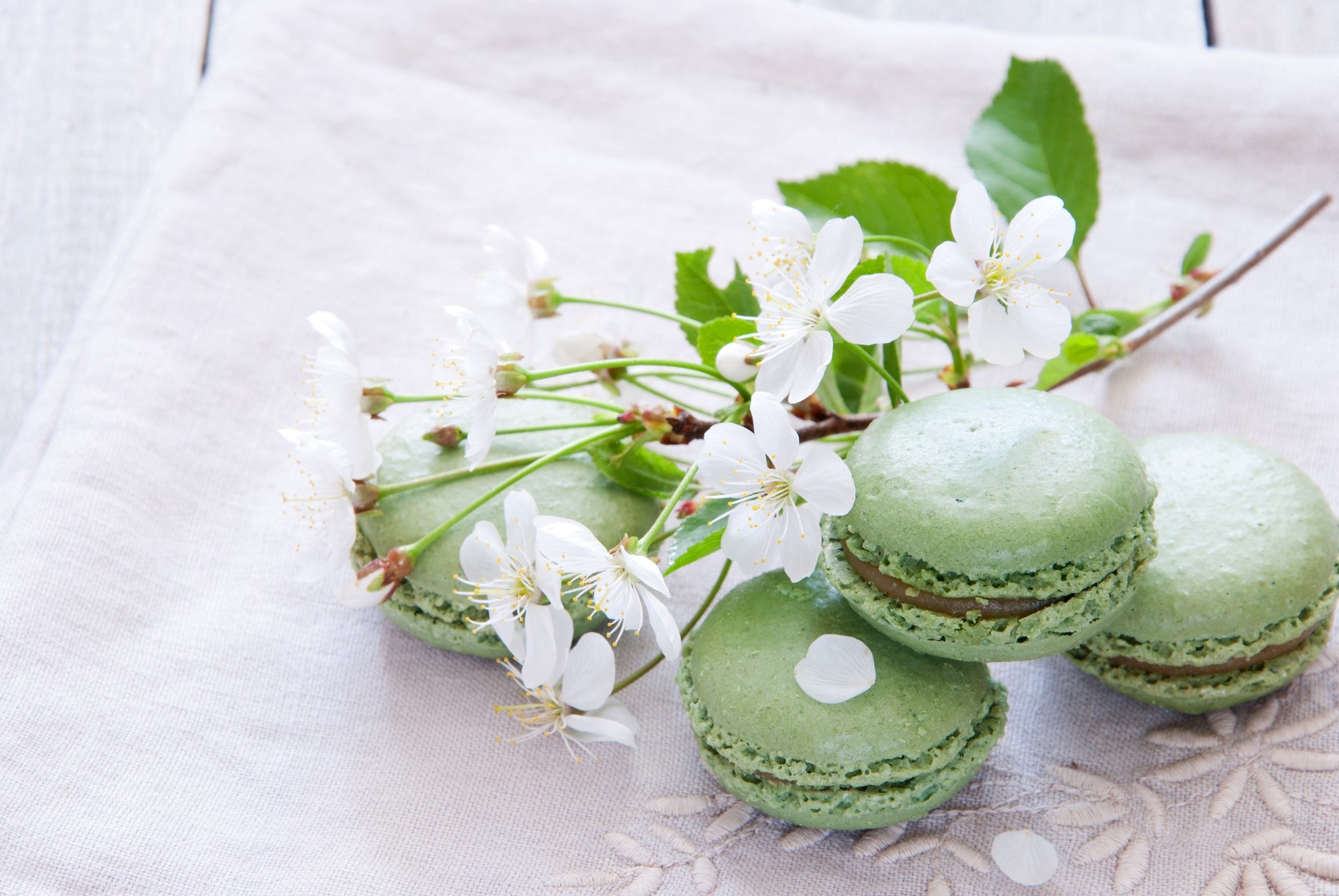 Macarons verdi, Fiori di ciliegio, Pistacchio, Full HD, sfondo desktop