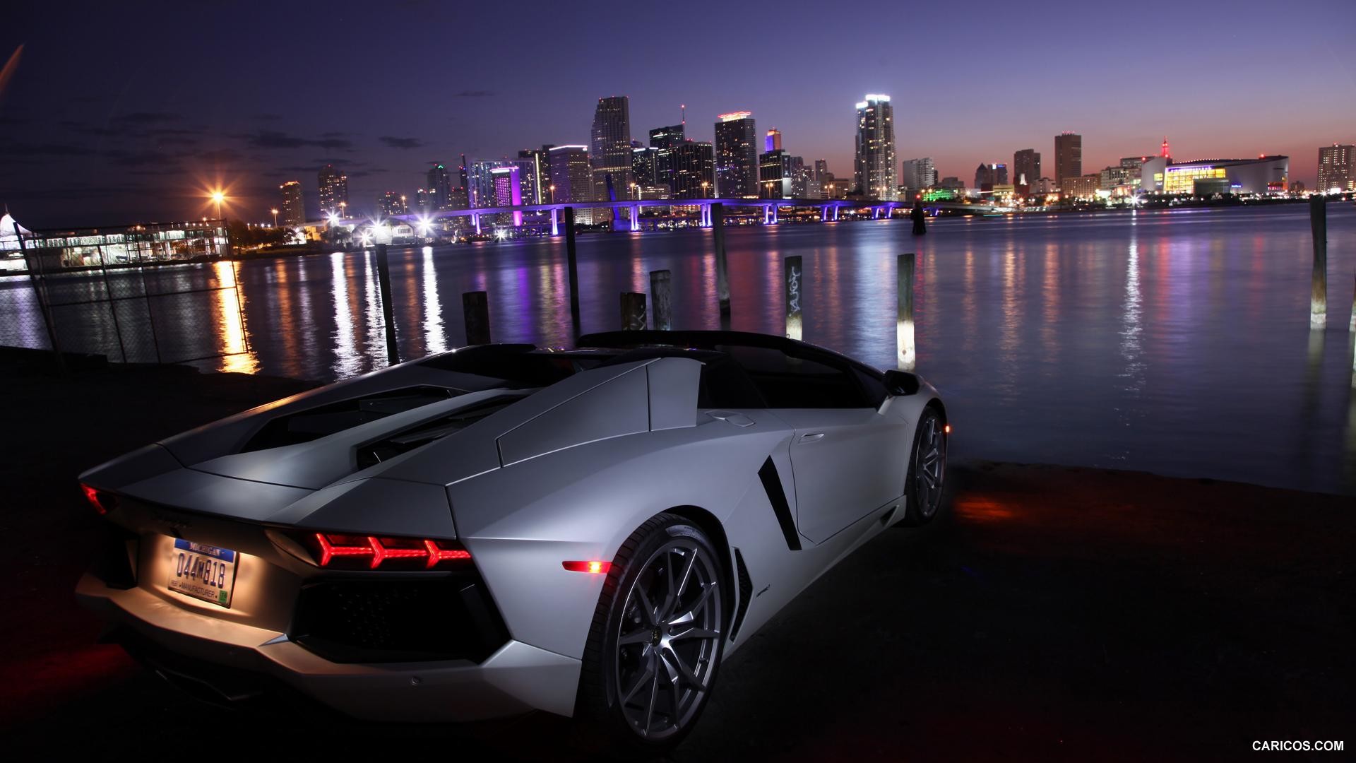 Lamborghini Aventador Roadster, Miami, Skyline notturno, Supercar, Notte, Argento, sfondo per PC