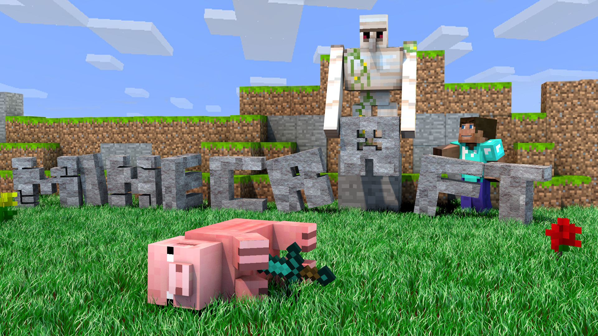 Minecraft, Golem di ferro, Steve, Maiale, Logo, Full HD, sfondo Windows 11