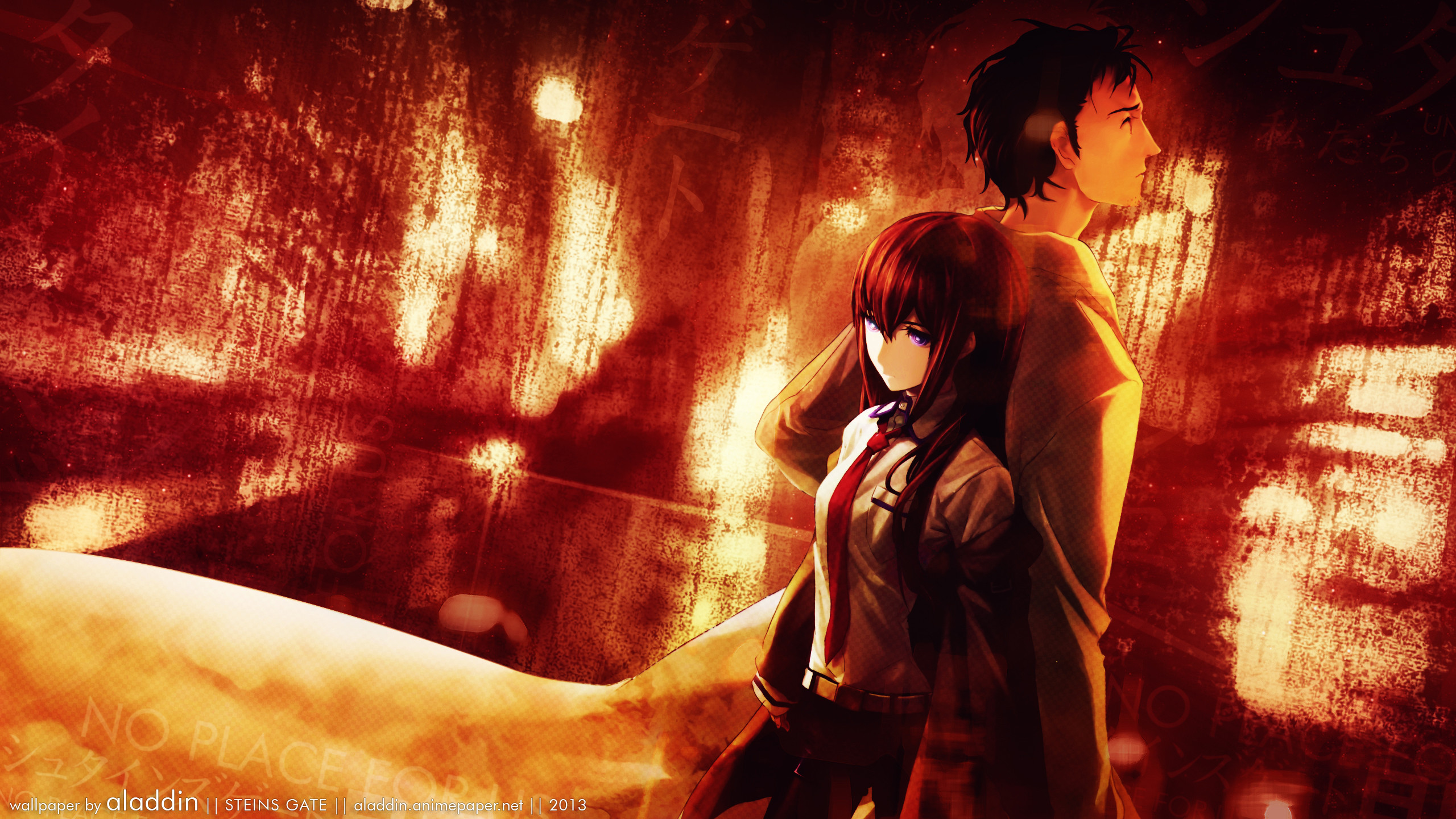 Rintaro Okabe, Kurisu Makise, Steins;Gate, Rosso, Grunge, 2560x1440, immagine di sfondo