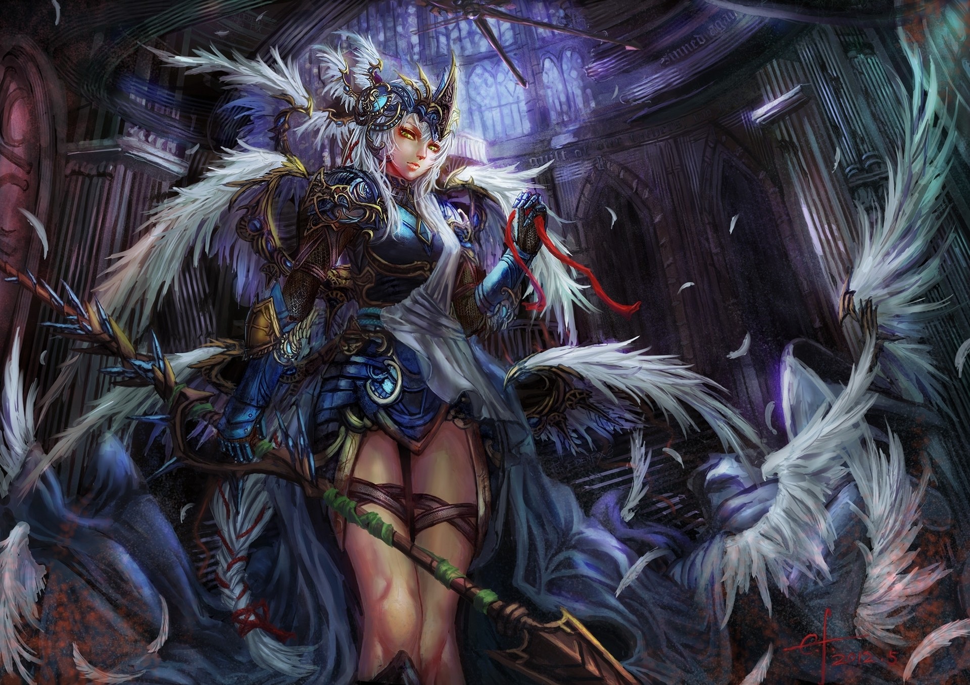 Guerriera fantasy, Piume, Arte digitale, Armatura, Full HD, sfondo Windows 11