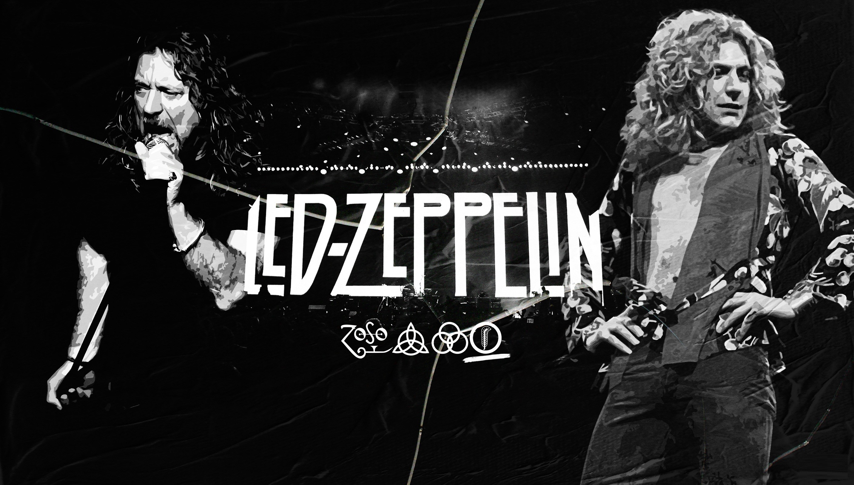Led Zeppelin, Robert Plant, Jimmy Page, Logo, Bianco e nero, 2K, wallpaper desktop