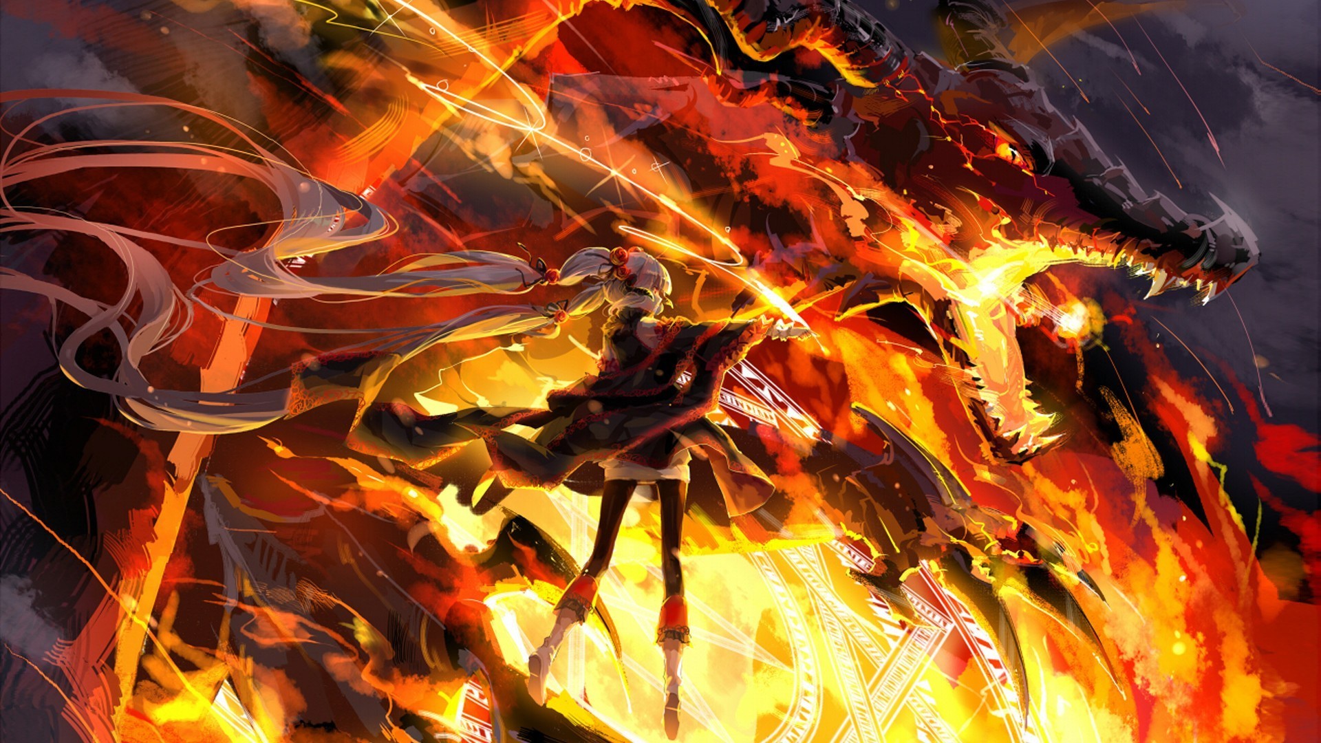 Drago di fuoco, Ragazza anime, Fiamme, Fantasy, 1920x1080, sfondo per PC