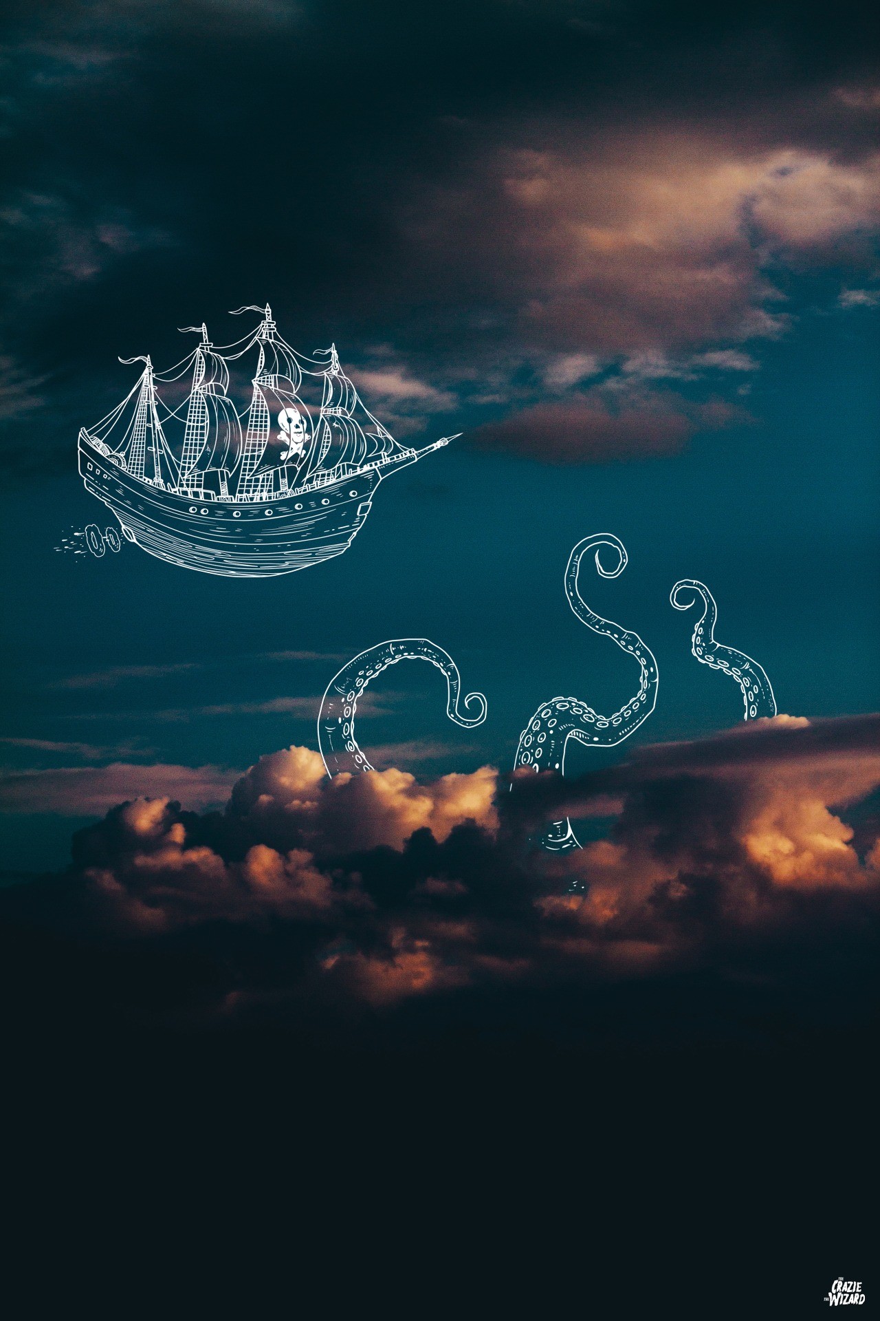 Veliero, Tentacoli, Nuvole, Disegno, Full HD, wallpaper per cellulare