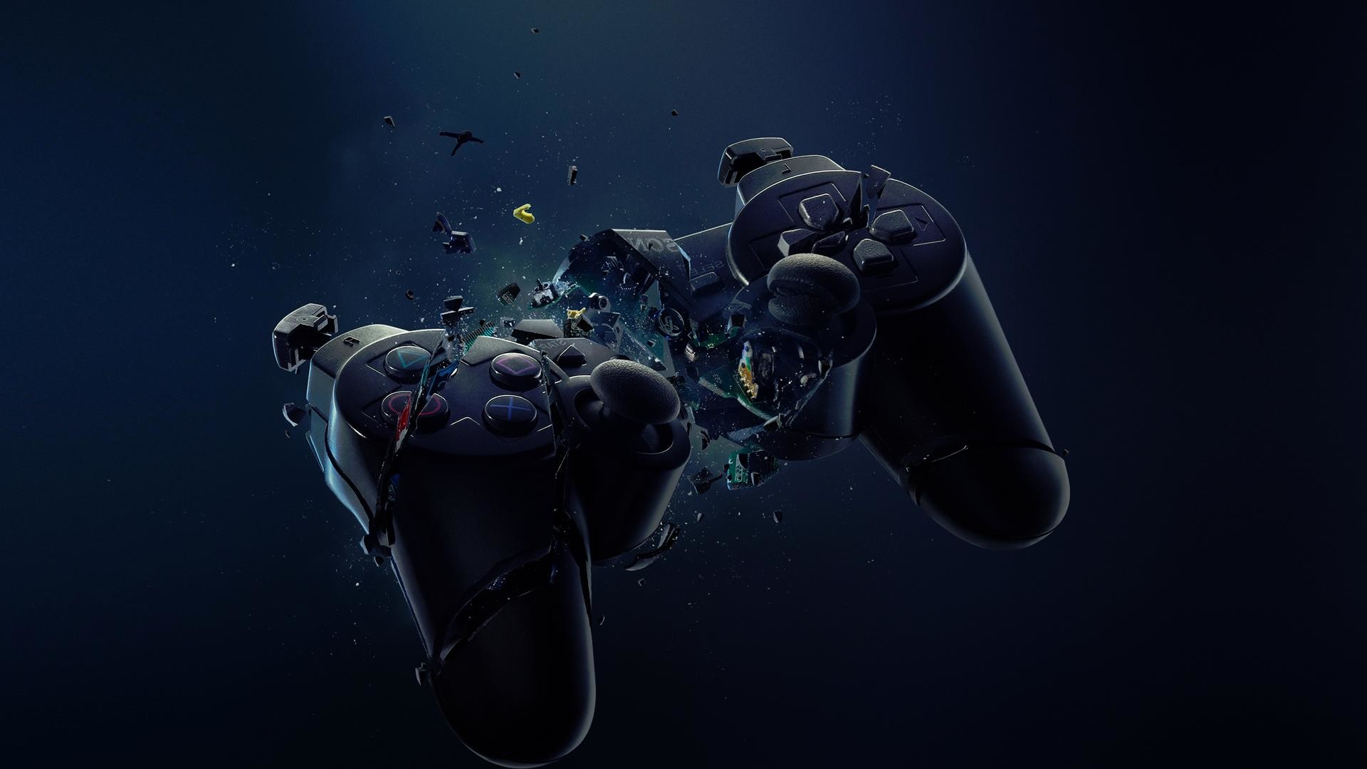 DualShock 3, Controller, Frammenti, Sfondo blu scuro, 16:9 Full HD, wallpaper widescreen