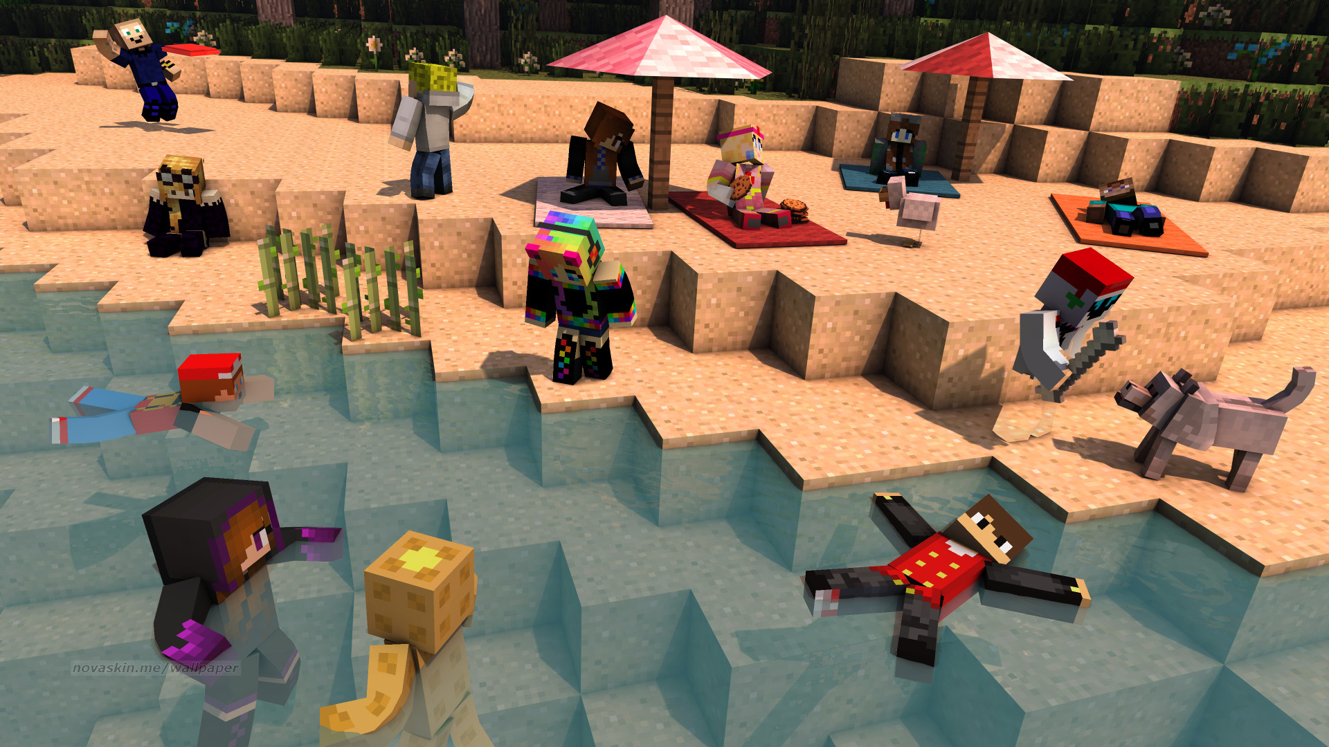 Minecraft, Skin, Spiaggia, Mare, Gruppo, 1920x1080, sfondo per PC