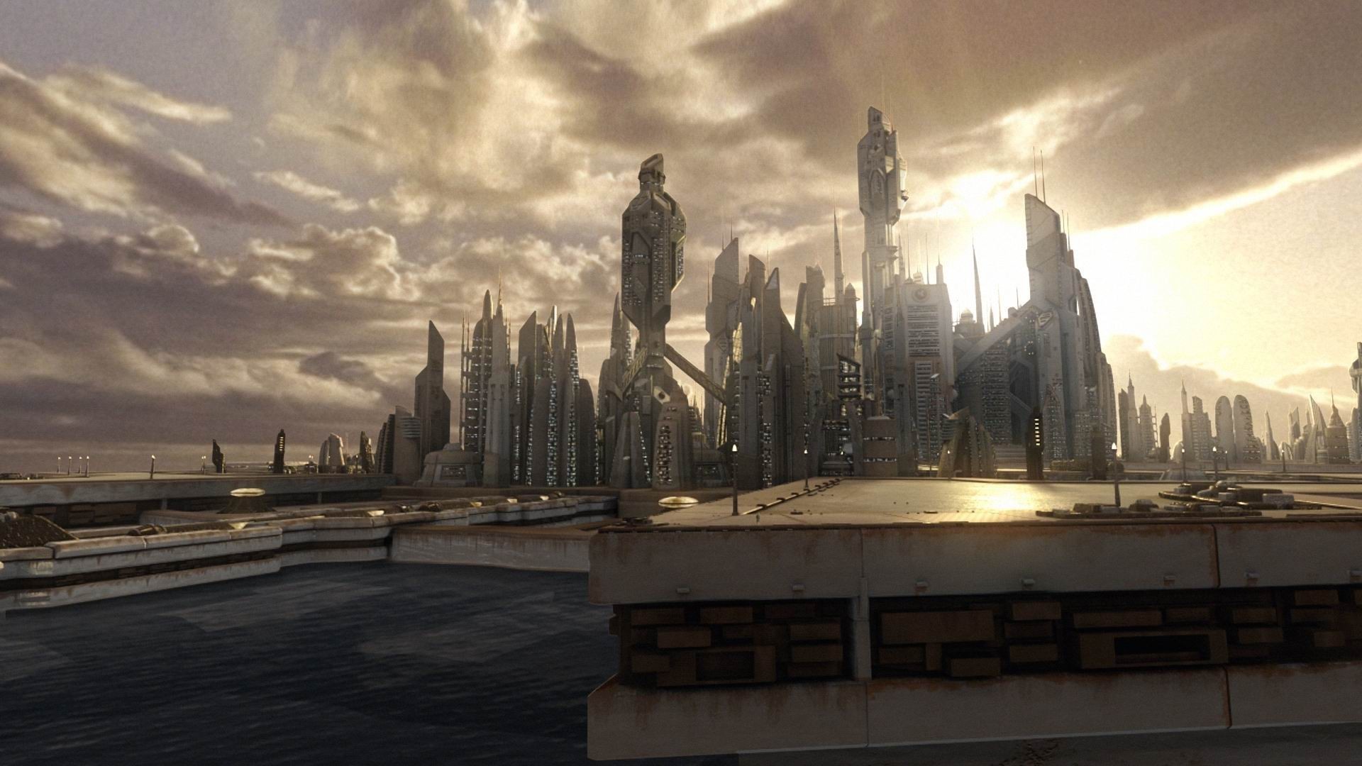 Città futuristica, Grattacieli, Nuvole, Luce del sole, Fantascienza, sfondo per portatile