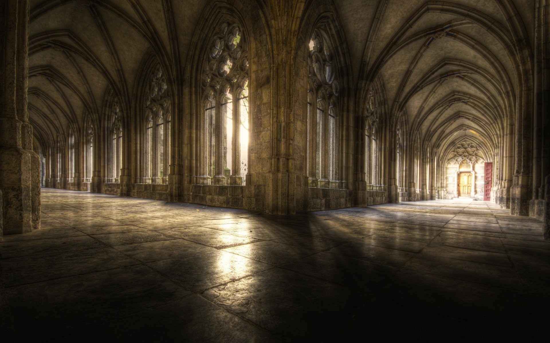 Chiostro gotico, Archi, Volte, Luce, 1920x1200, sfondo per PC