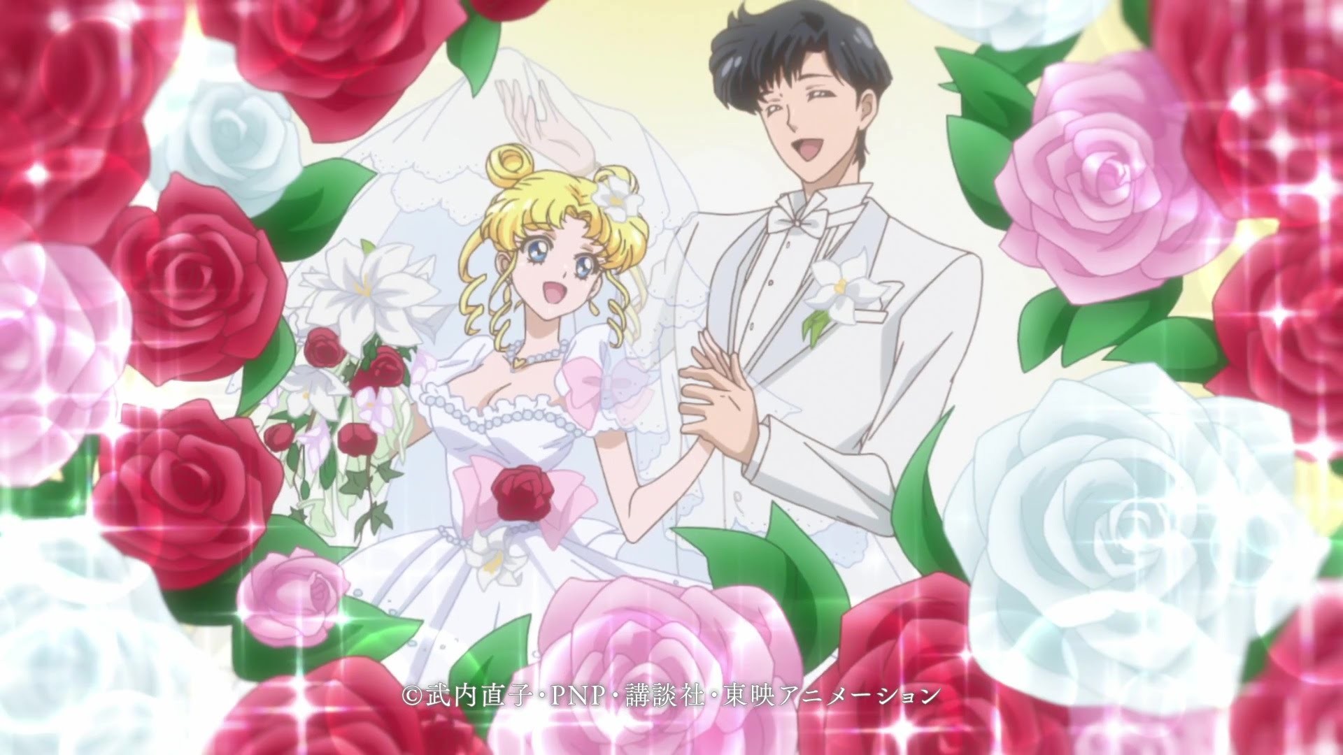 Usagi Tsukino, Mamoru Chiba, Sailor Moon Crystal, Matrimonio, Rose, sfondo desktop Full HD