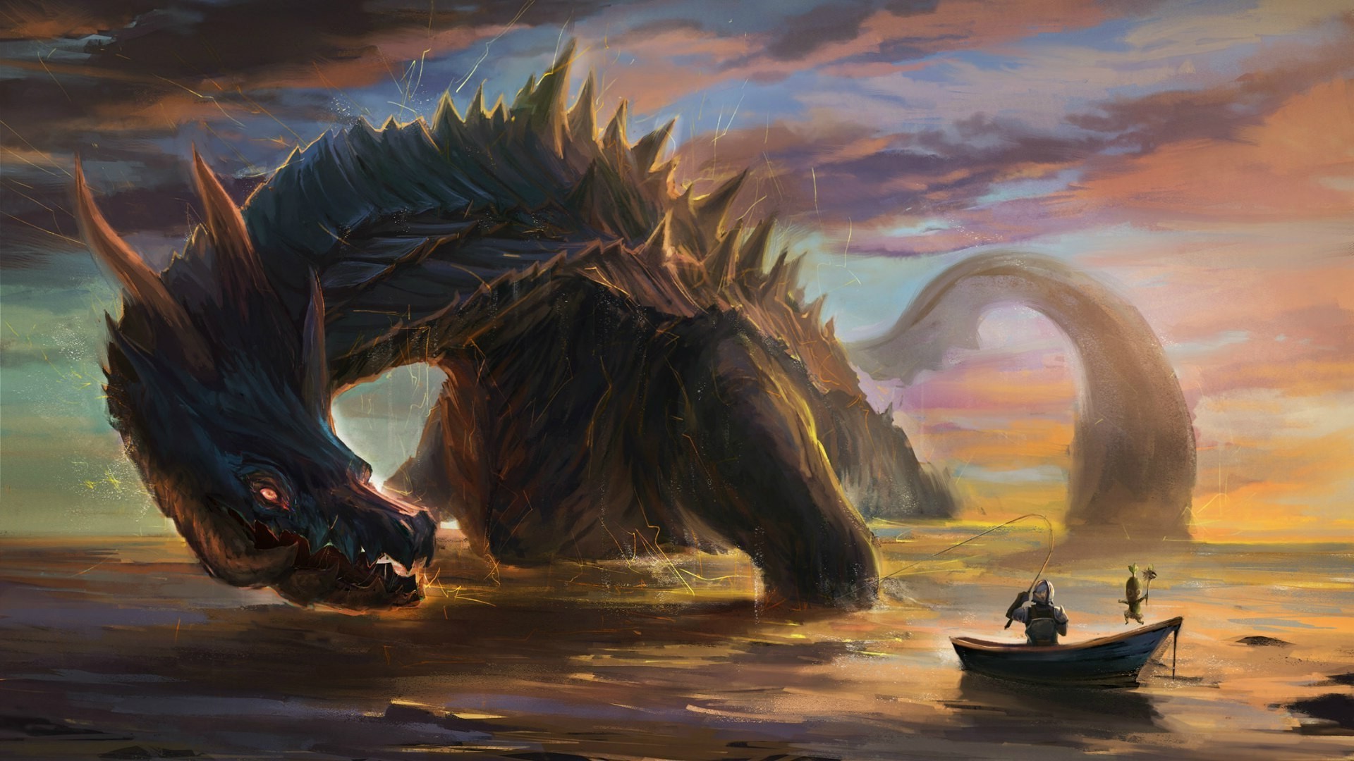 Monster Hunter, Barca, Tramonto, 1920x1080, sfondo per PC
