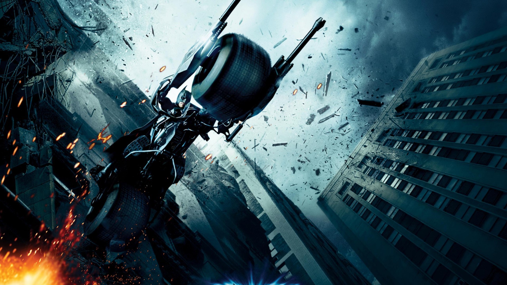Batpod, Il cavaliere oscuro, Grattacieli, Esplosione, Full HD, sfondo per PC e portatile