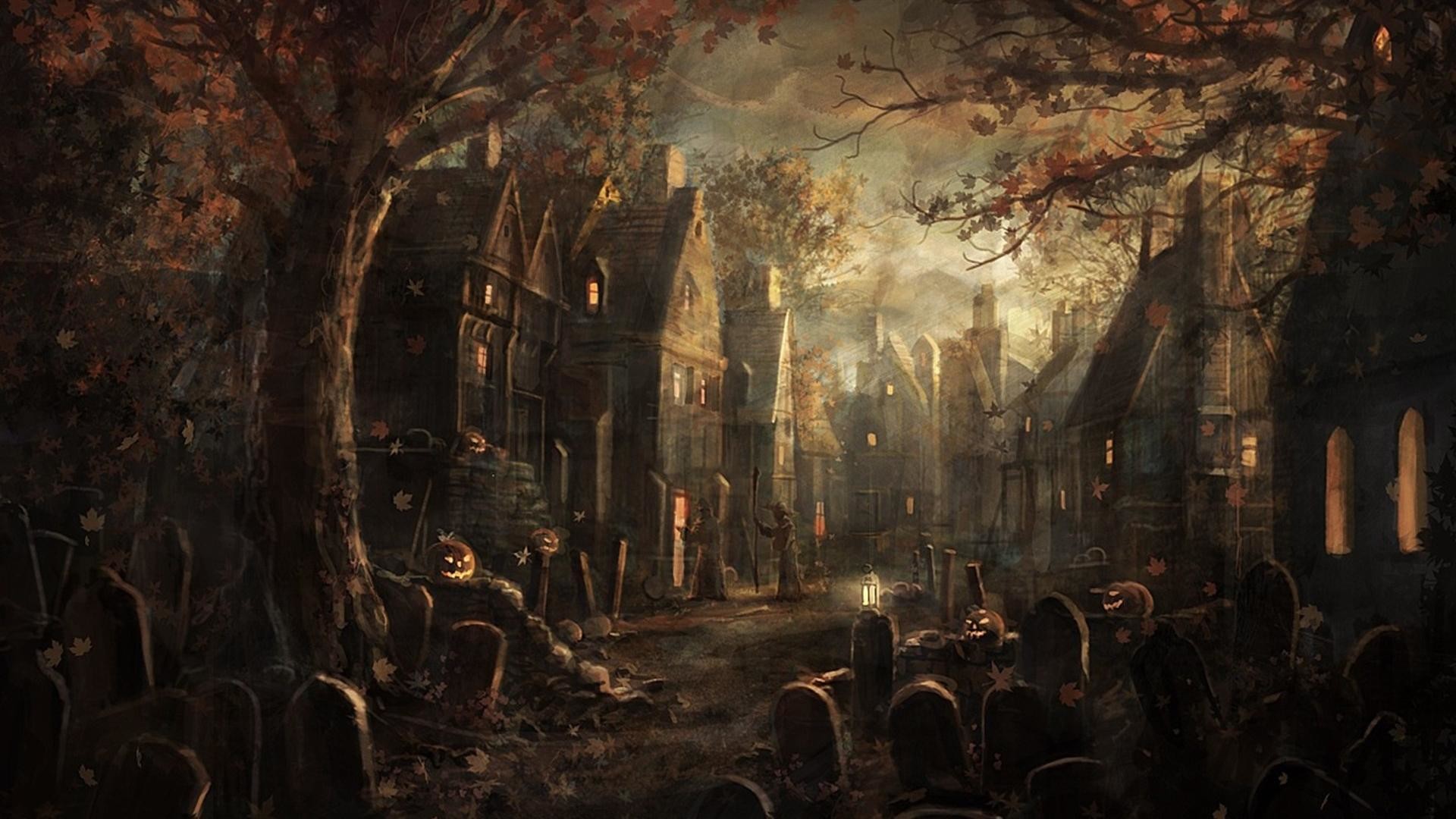 Città gotica, Cimitero, Alberi spogli, Atmosfera cupa, Halloween, sfondo desktop 1080p
