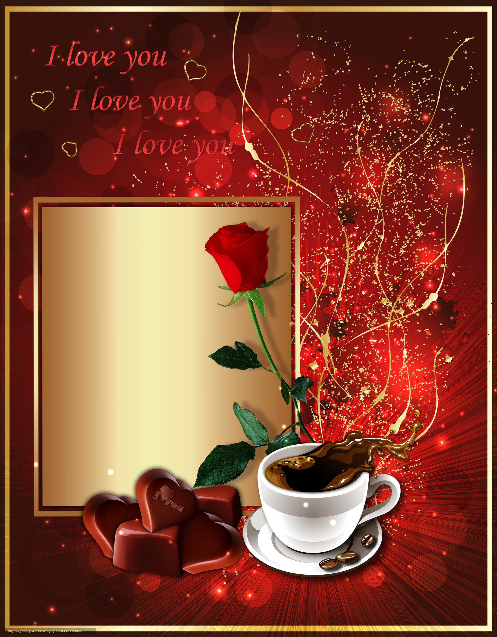 I love you, Rosa rossa, Caffè, Cioccolatini, Cornice, QHD+, sfondo per iPad e tablet
