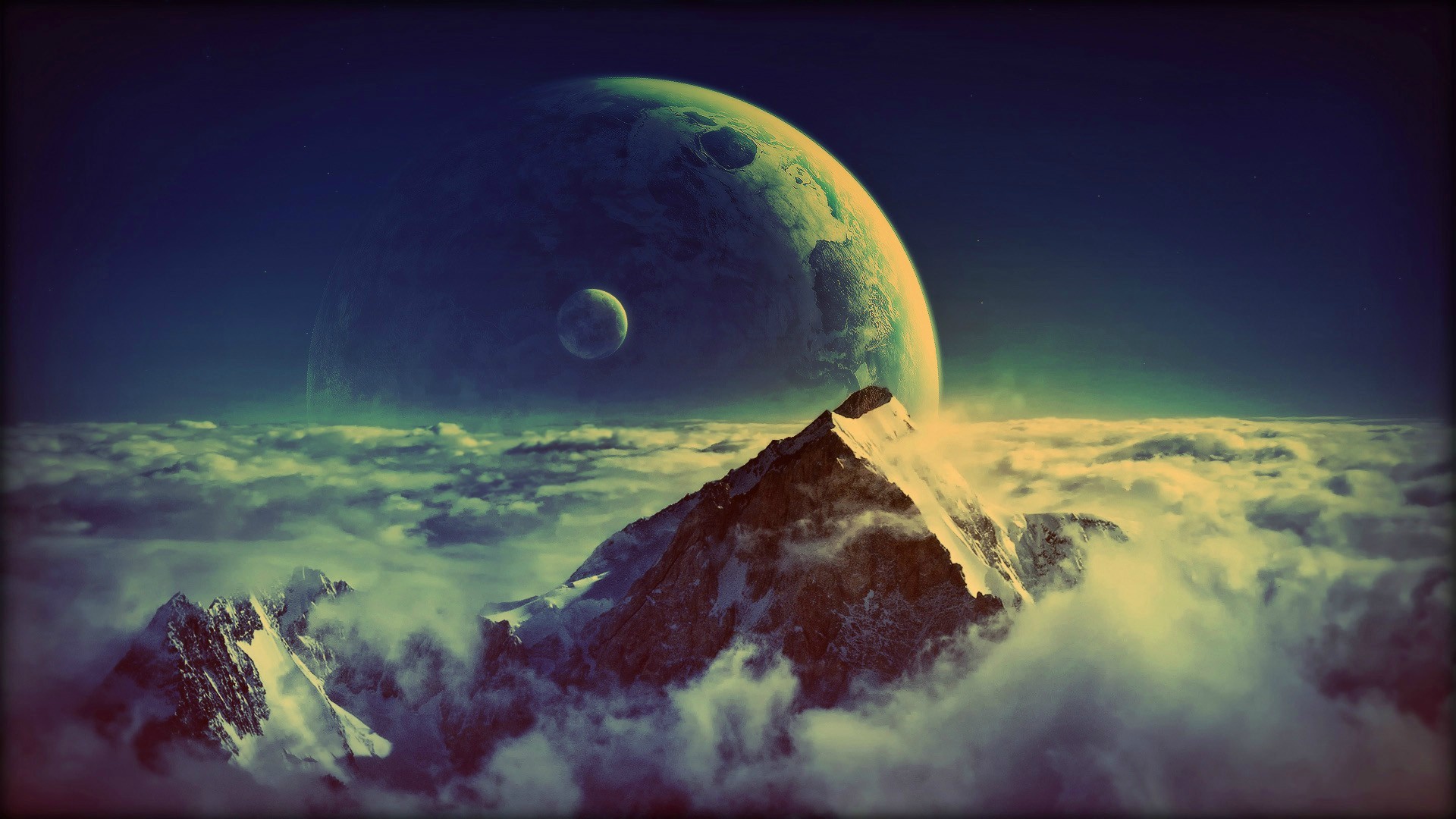 Pianeta, Montagna, Mare di nuvole, Arte fantasy, Spazio, Full HD, sfondo per PC e portatile